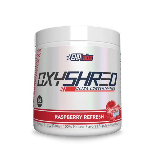 Supplement container labeled 'OXYSHRED' by EHP Labs with raspberry refresh flavor on a white background.