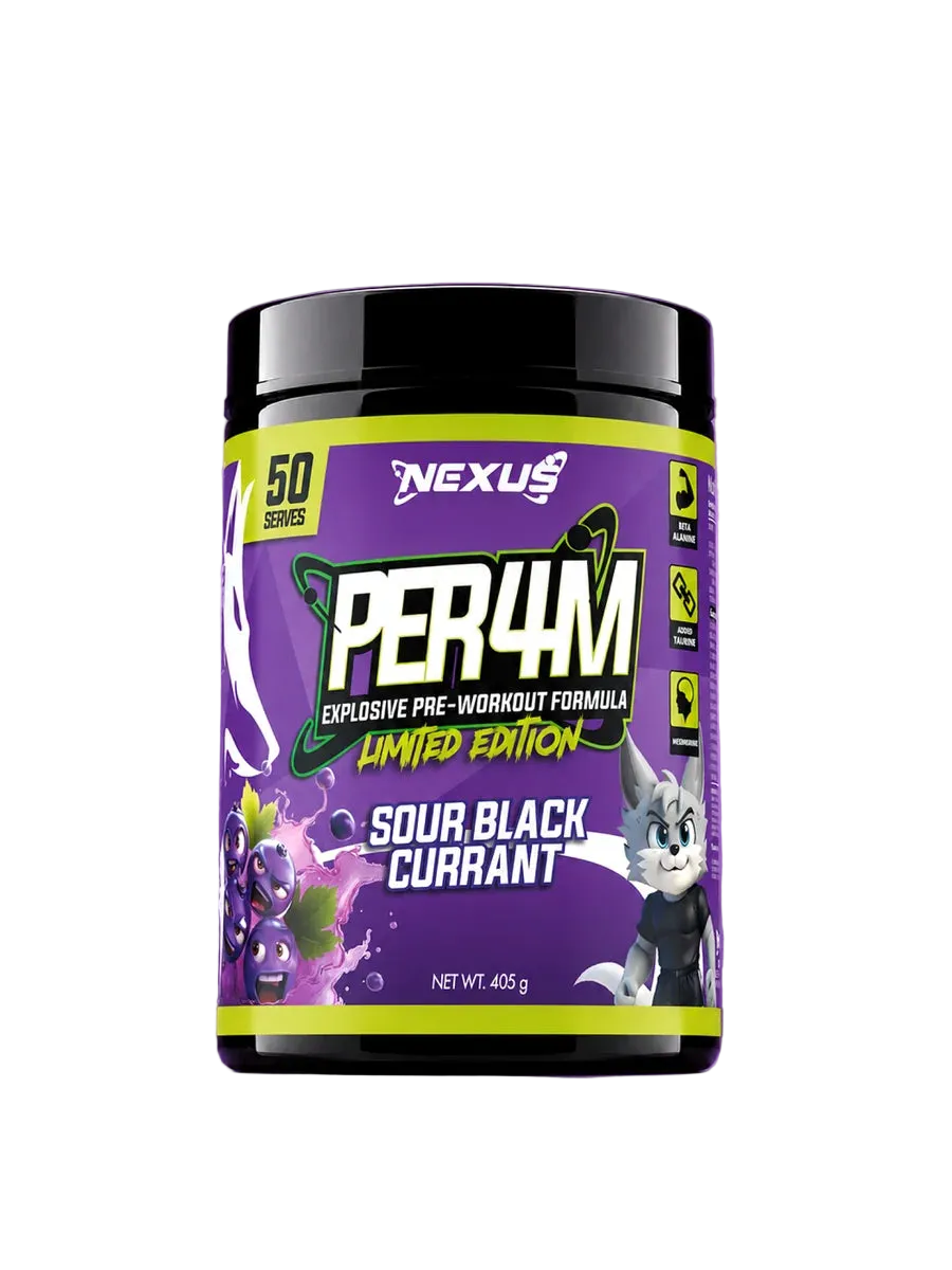 A tub of Nexus PER4M Explosive Pre-Workout Formula in Sour Black Currant flavor, set against a purple studio background.