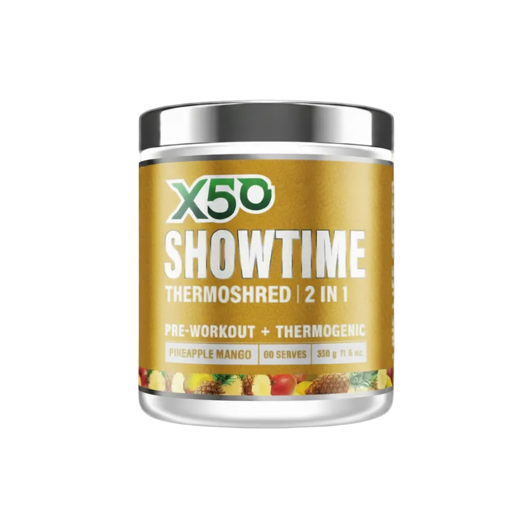 X50 Showtime Thermoshred supplement container on a white background