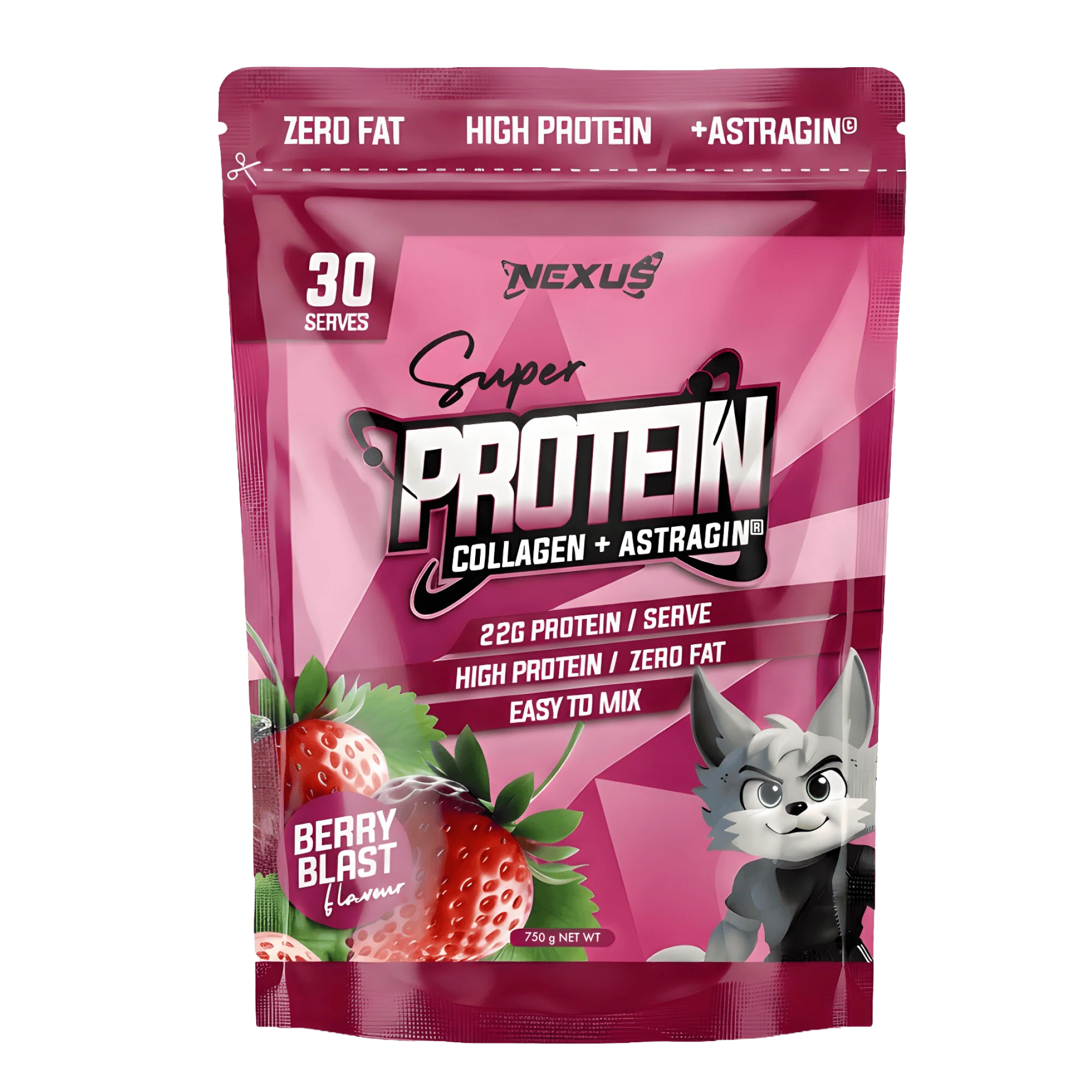 Pink protein powder package with strawberry illustration and 'Nexus' branding on a white background
