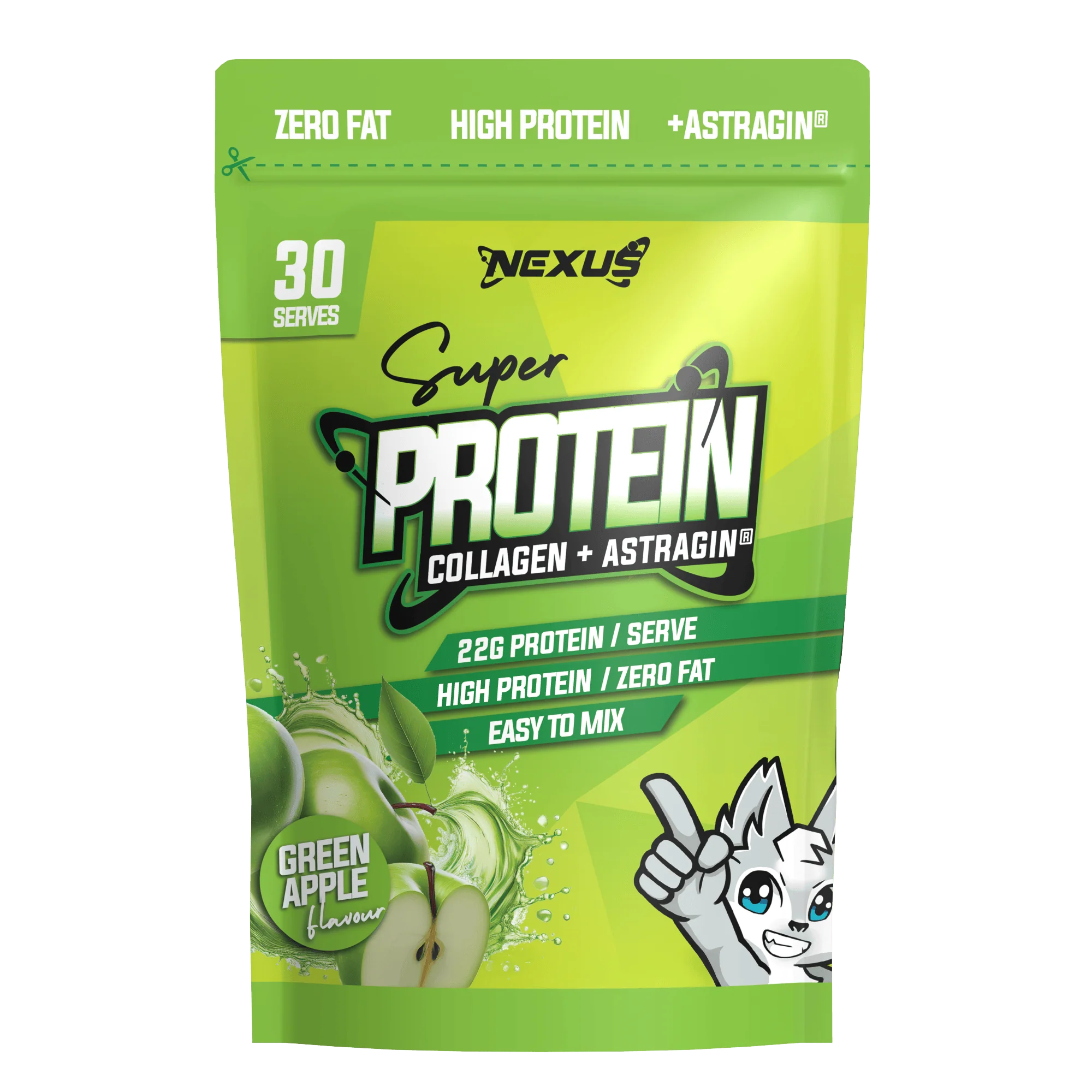 Green protein powder package with 'Nexus' branding on a white background