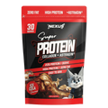 Nexus Super Protein package with red and black design, featuring a cartoon wolf character.