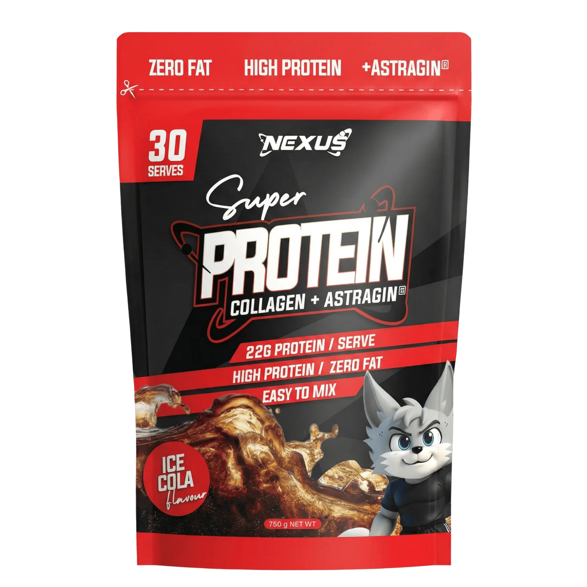 Nexus Super Protein package with red and black design, featuring a cartoon wolf character.