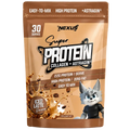 A stand-up pouch of Nexus Super Protein Collagen + Astragin in Iced Latte flavor, featuring a brown and beige design with a cartoon wolf mascot, set against a matching brown gradient background.