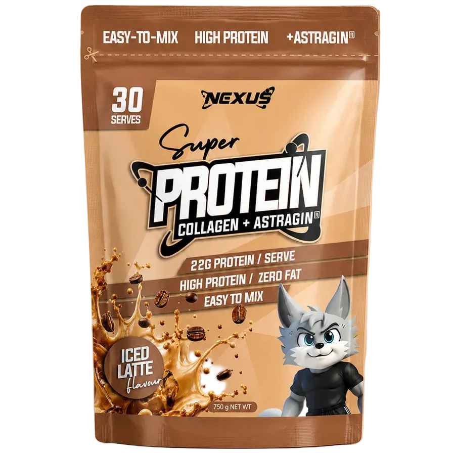 A stand-up pouch of Nexus Super Protein Collagen + Astragin in Iced Latte flavor, featuring a brown and beige design with a cartoon wolf mascot, set against a matching brown gradient background.