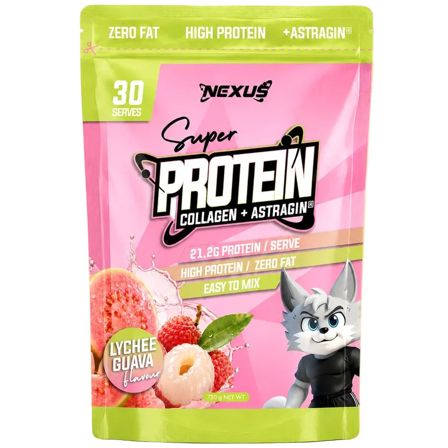 A stand-up pouch of Nexus Super Protein Collagen + Astragin in Lychee Guava flavor, featuring a pink and lime green design with illustrations of lychee fruit and a cartoon wolf mascot, set against a pink-to-yellow gradient background.
