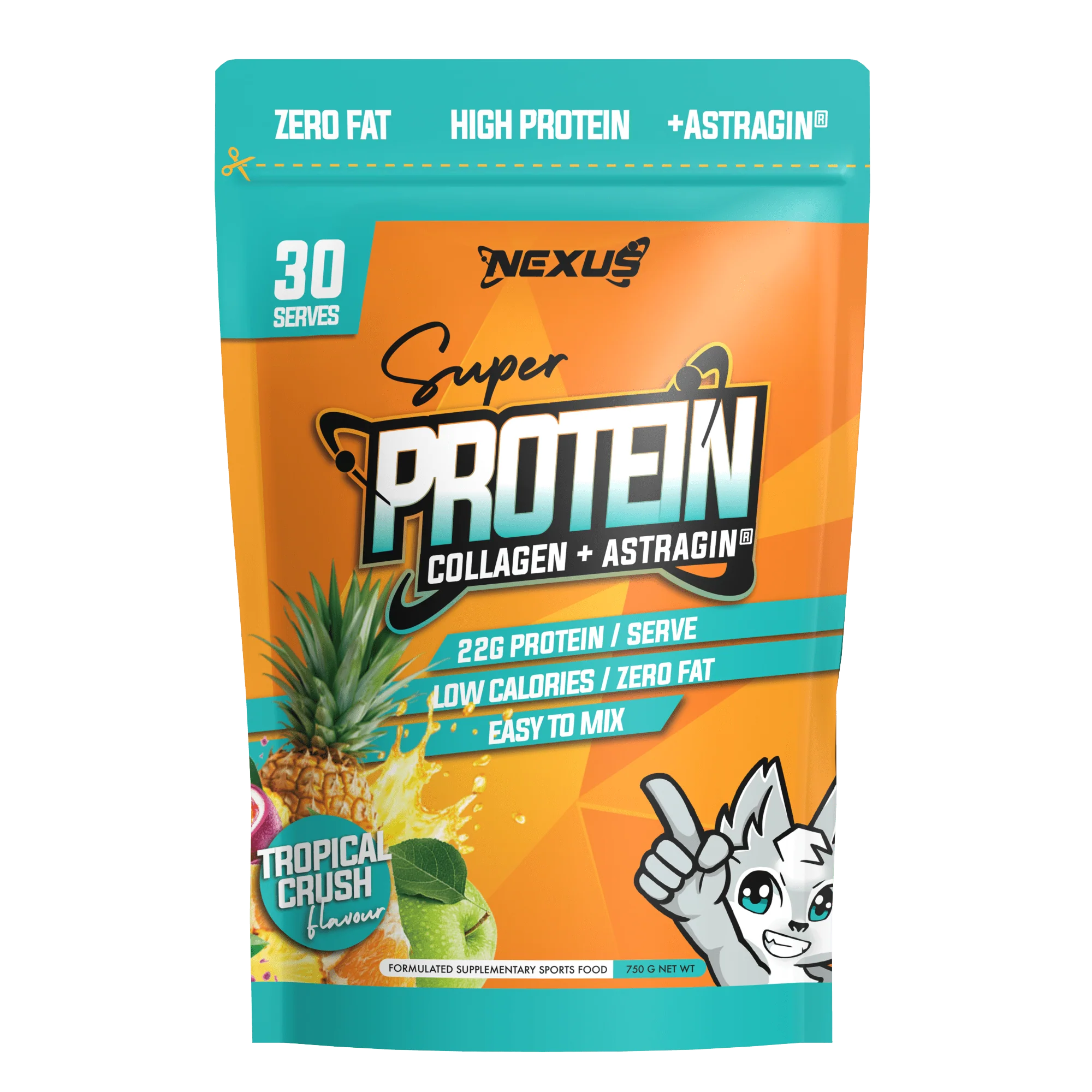 Protein powder package with pineapple illustration and text on a white background