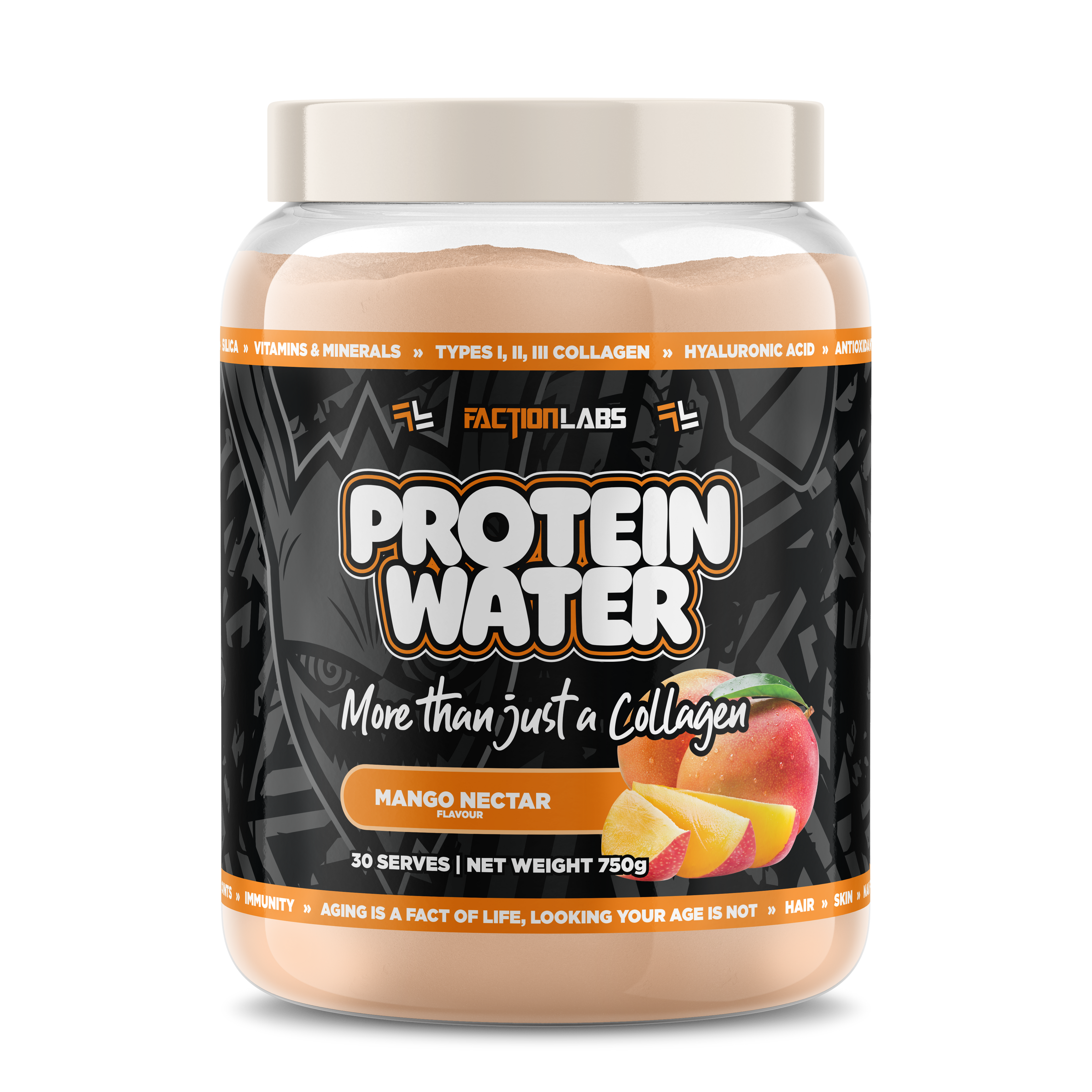 Protein water container with Faction Labs branding on a white background