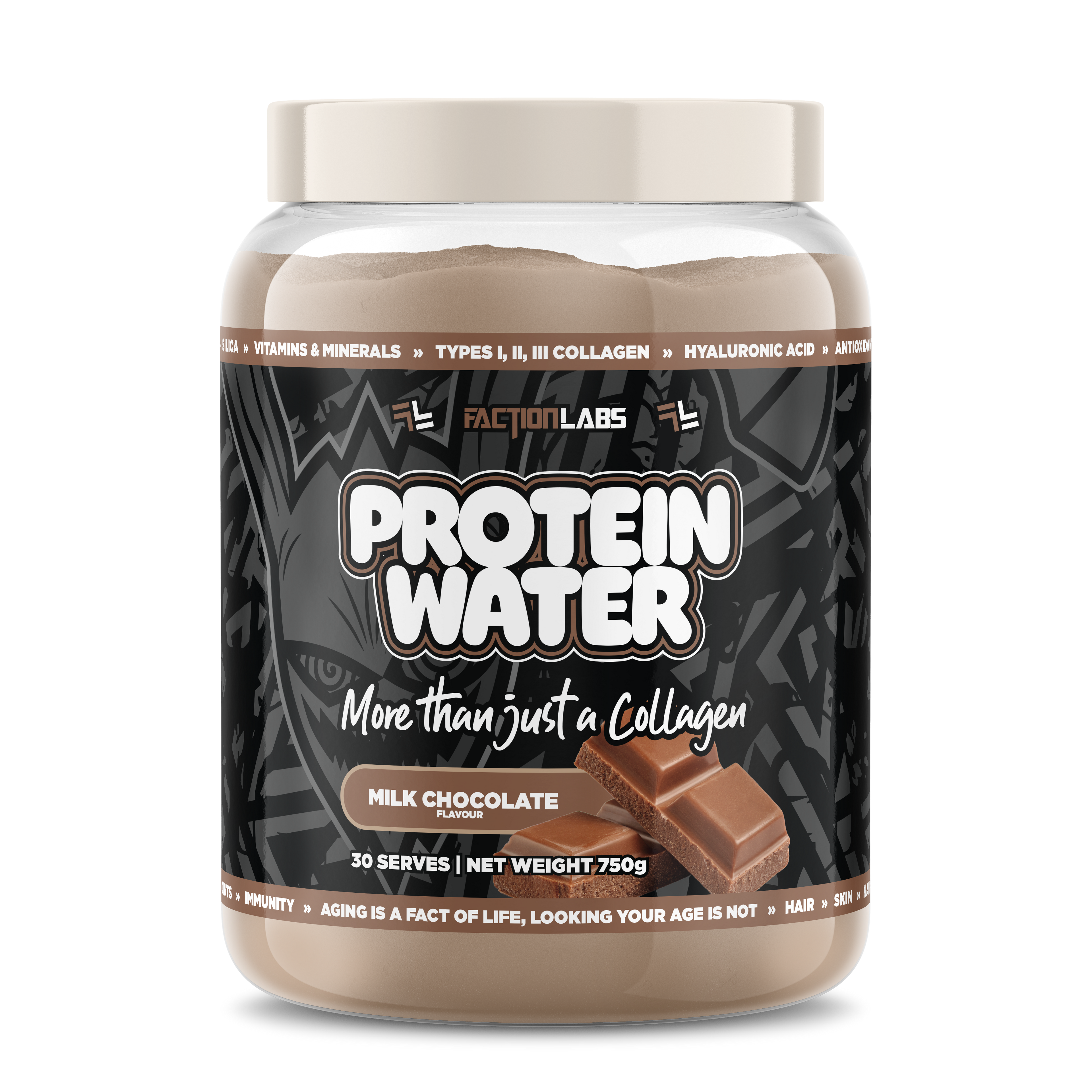 Protein water container with Factor Labs branding on a white background