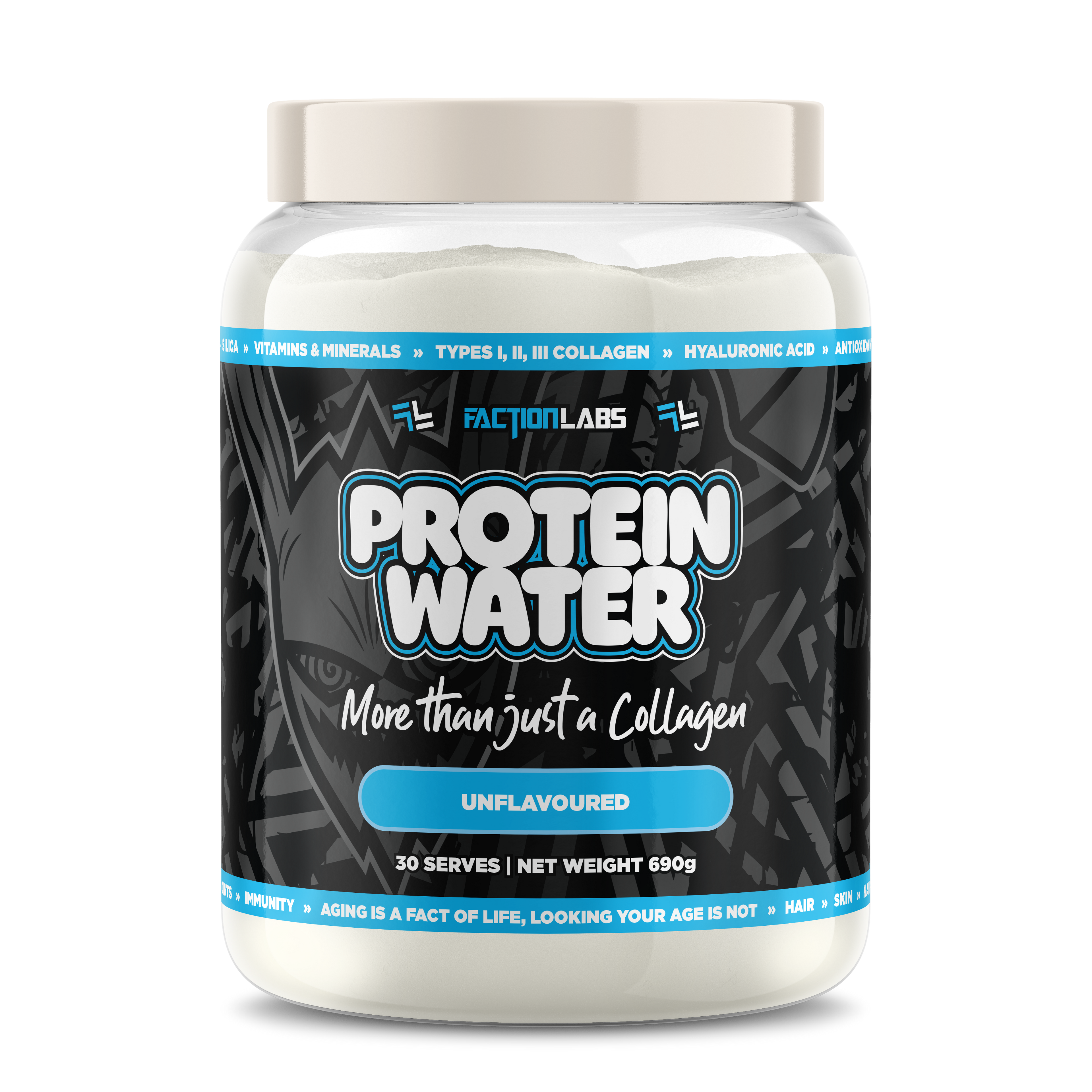Protein powder container with Faction Labs branding on a white background