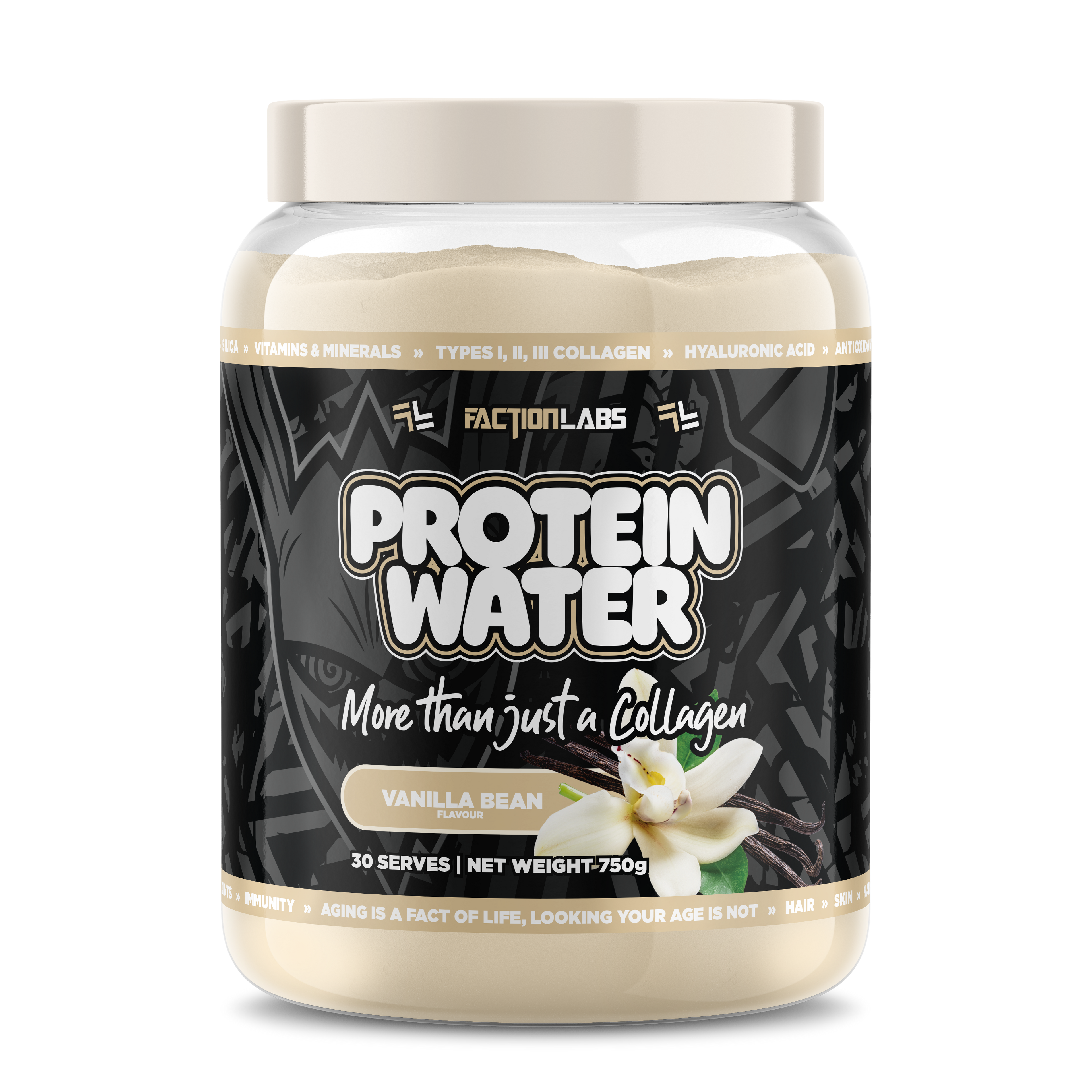 Protein water container with Faction Labs branding on a white background