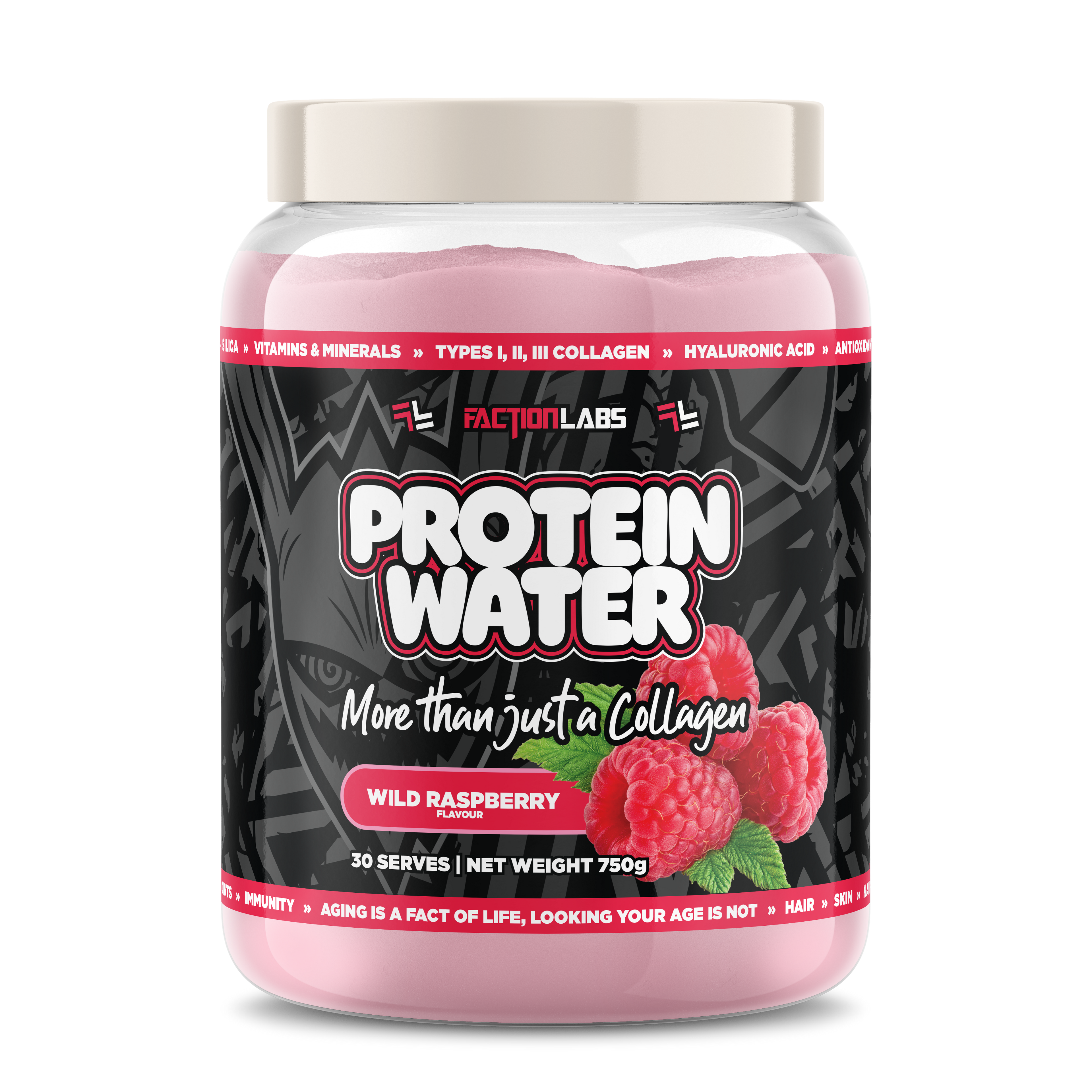 Container of Factor Labs Protein Water with wild raspberry flavor on a white background