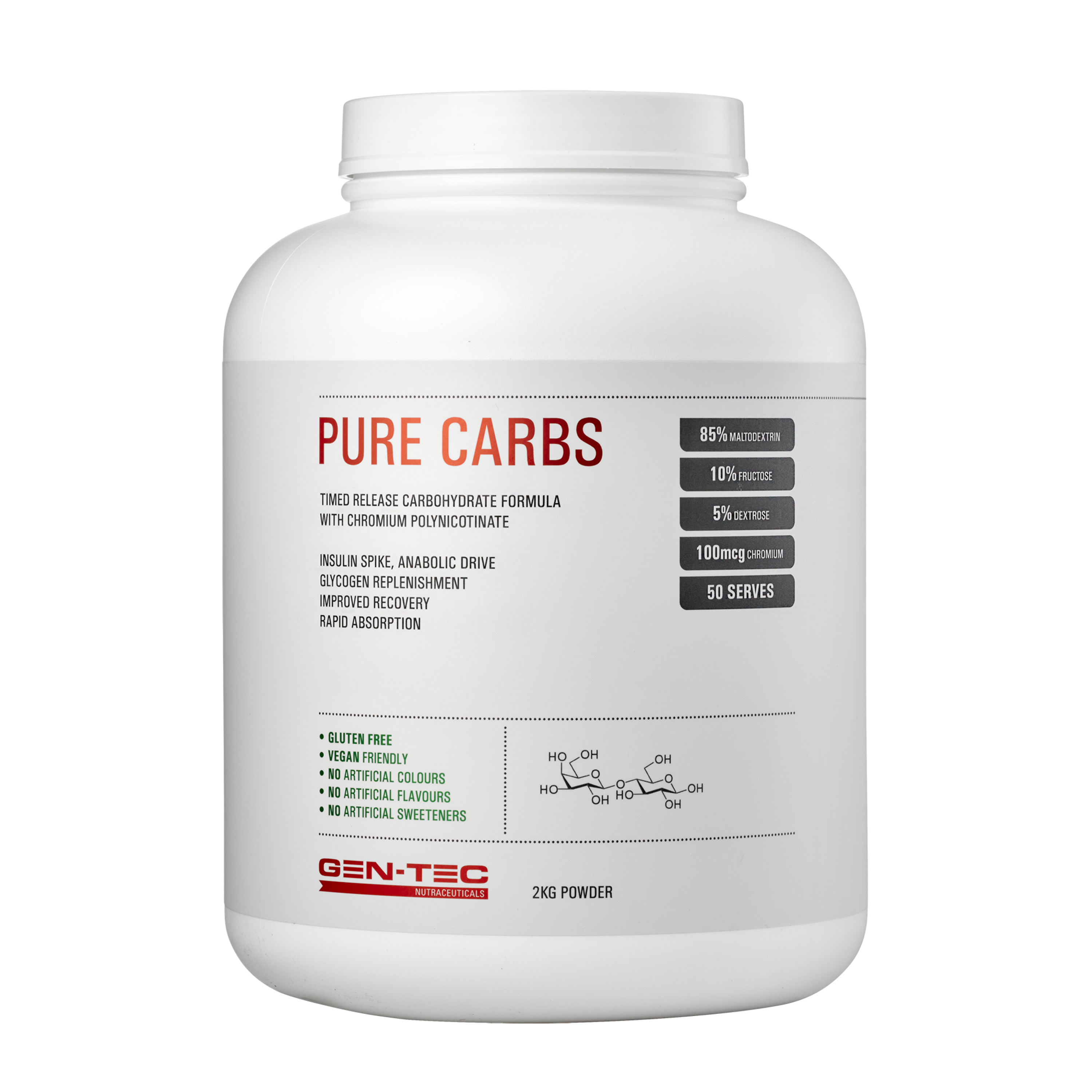 White container of 'Pure Carbs' supplement with red and black text on a white background
