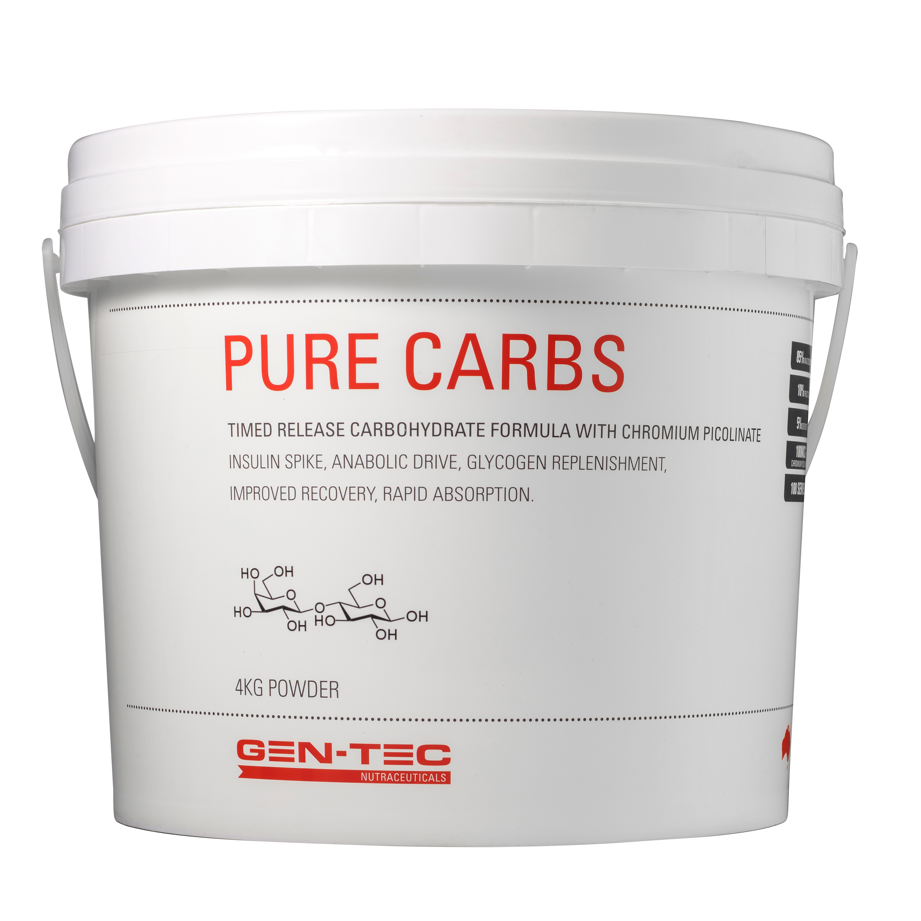 White bucket labeled 'PURE CARBS' with red text and GEN-TEC logo on a white background