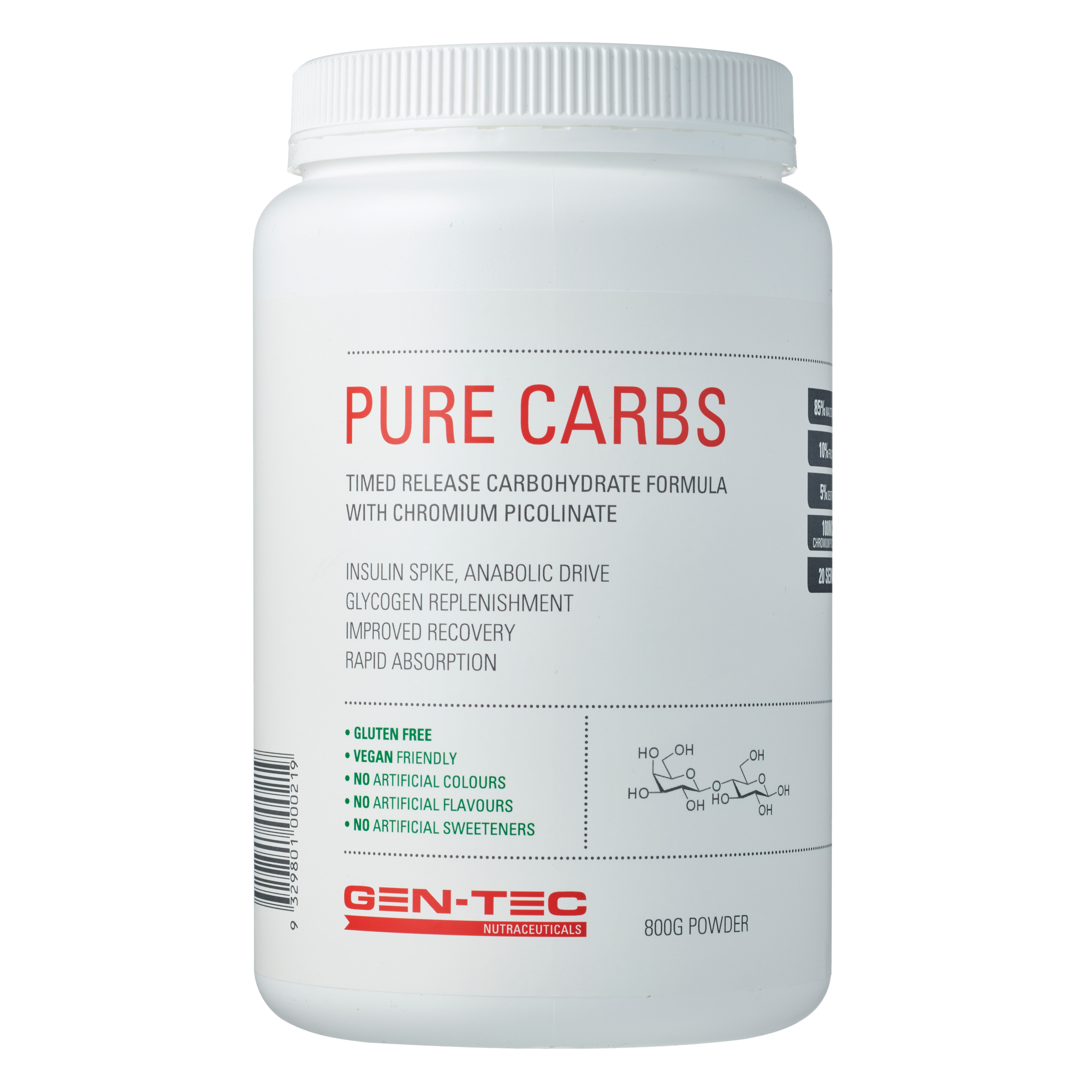 White container of 'Pure Carbs' with red and black text on a white background