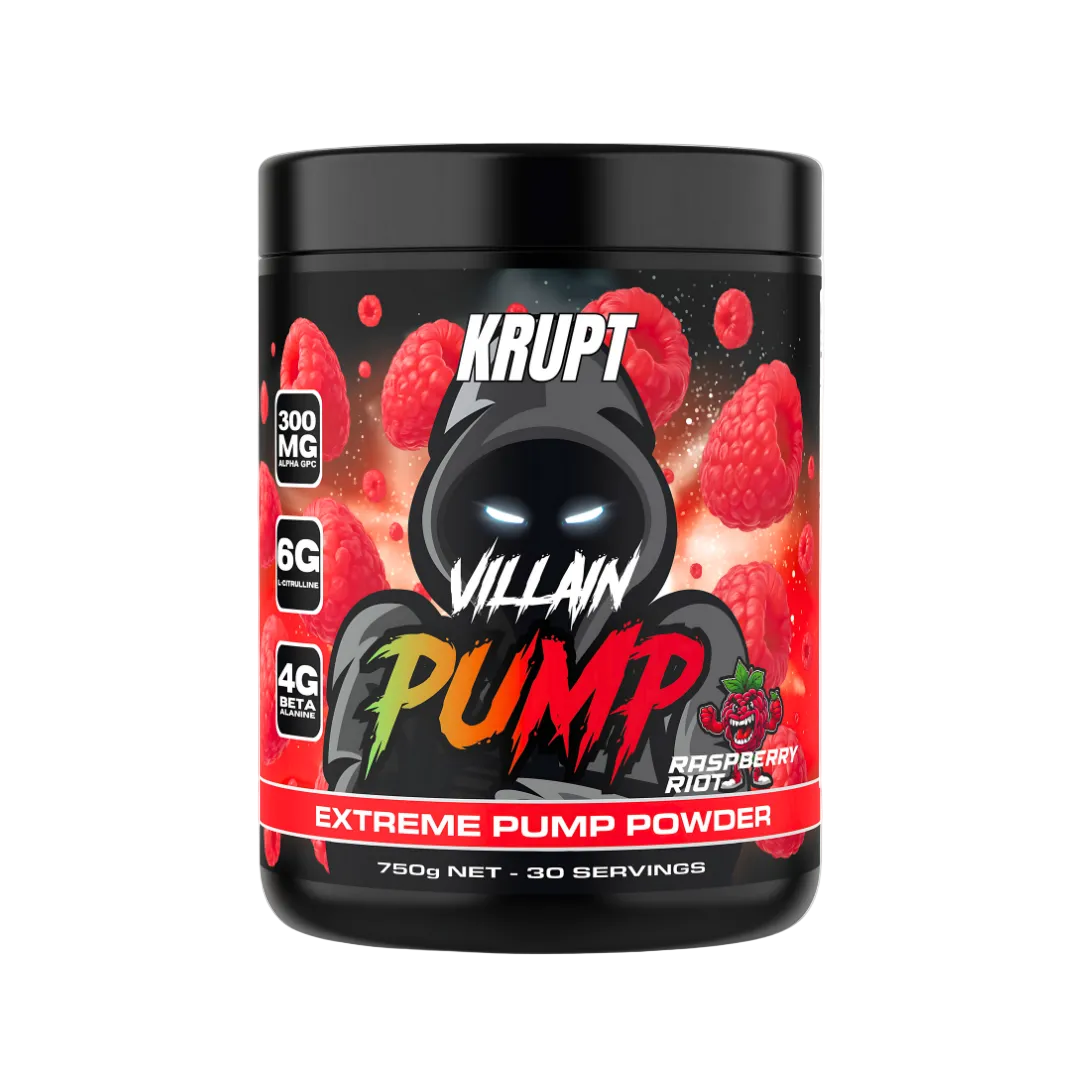Krupt Villain Pump Extreme Pump Powder container with raspberry flavor on a white background