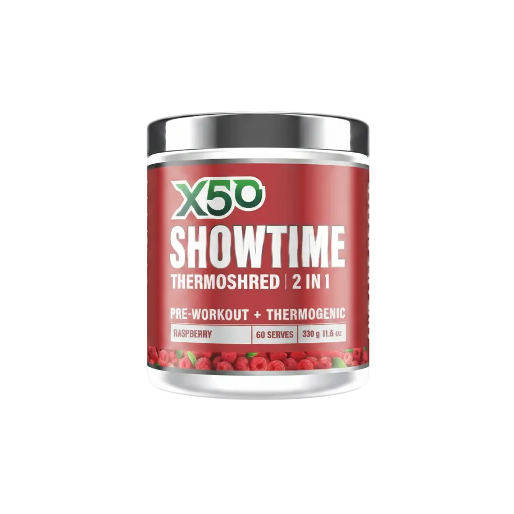 X50 Showtime Thermoshred 2 in 1 supplement container on a white background