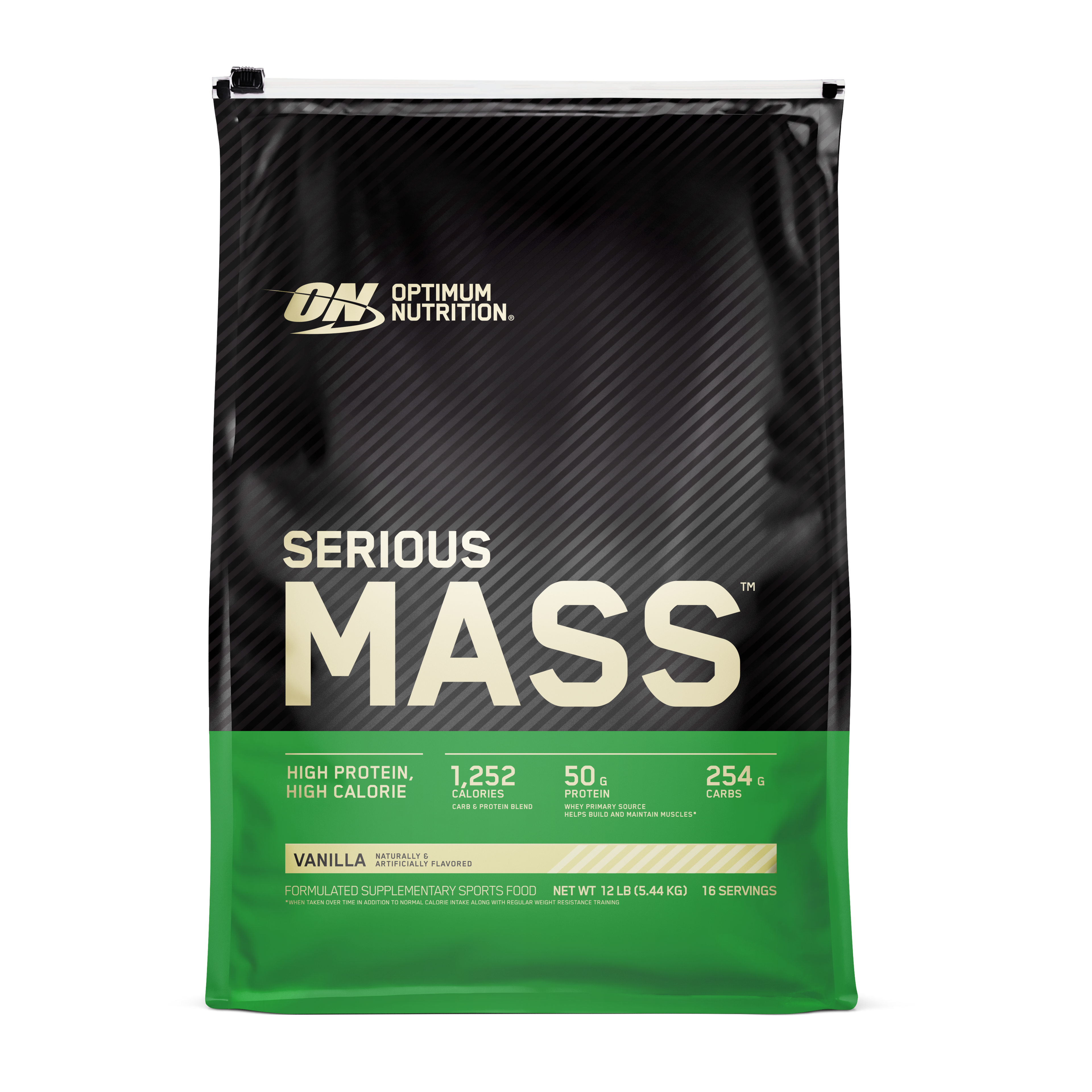 Optimum Nutrition Serious Mass supplement package on a white background