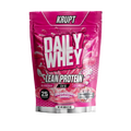 Pink package of Krupt Daily Whey Lean Protein with strawberry shake flavor on a white background