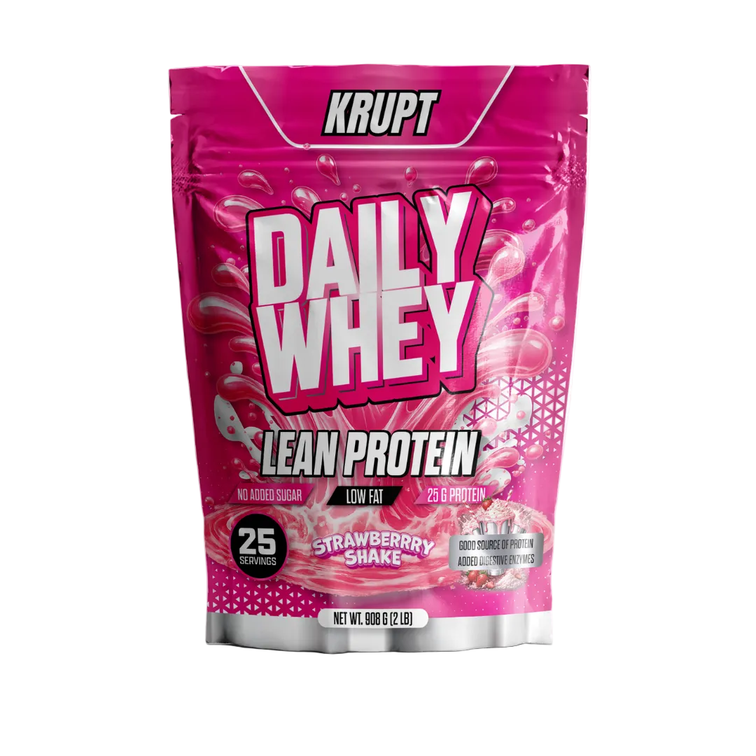 Pink package of Krupt Daily Whey Lean Protein with strawberry shake flavor on a white background