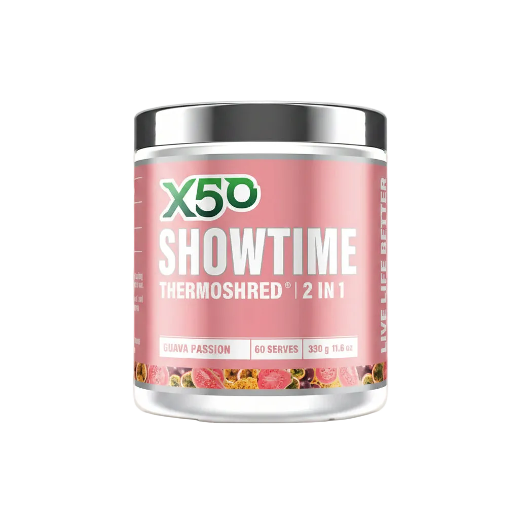 X5D Showtime Thermoshred supplement container on a beige background