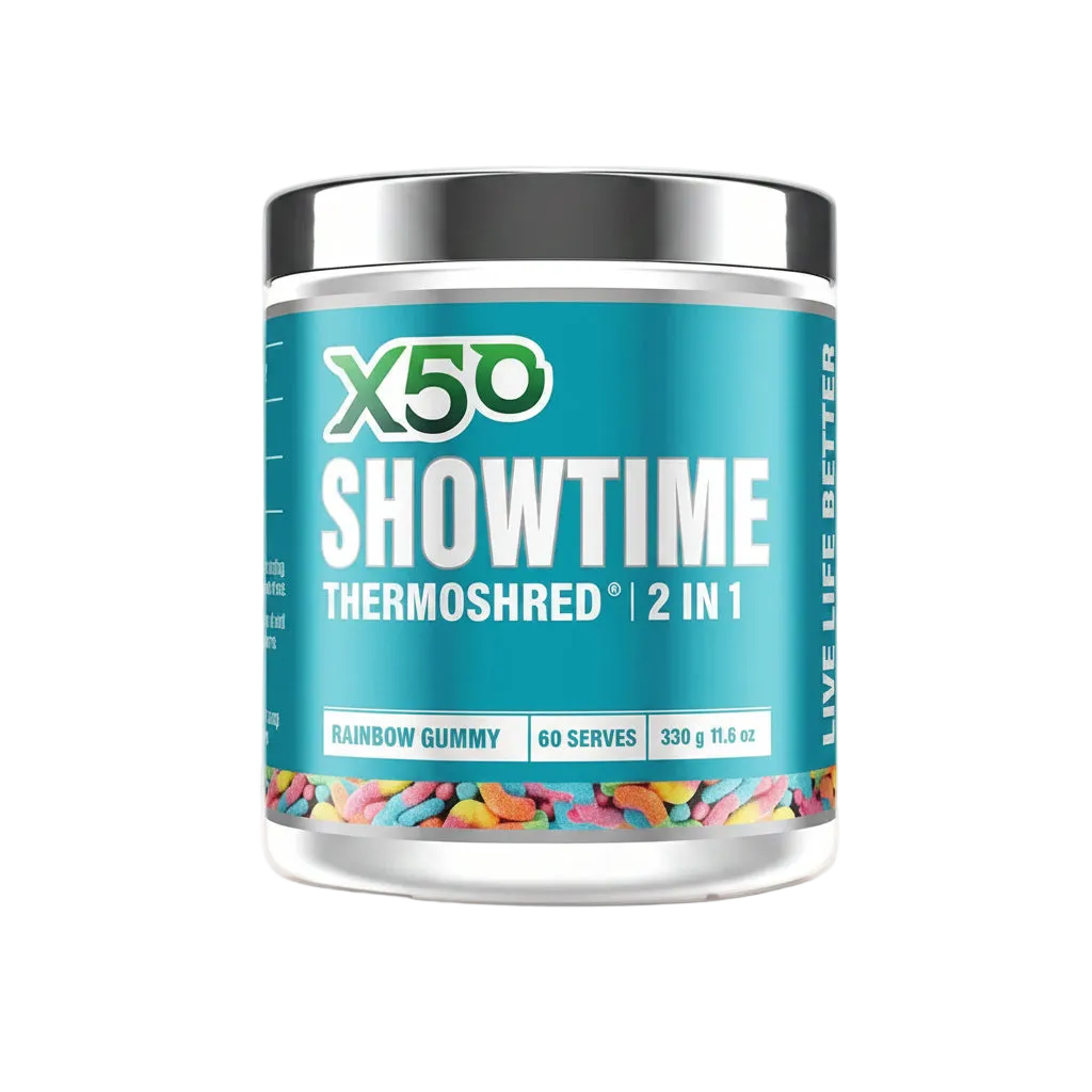 Container of X50 Showtime Thermoshred 2 in 1 on a beige background