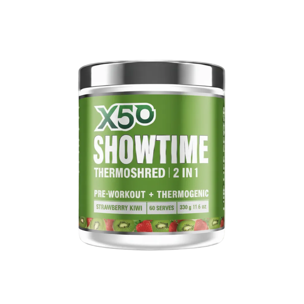 X50 Showtime Thermoshred 2 in 1 supplement container on a white background