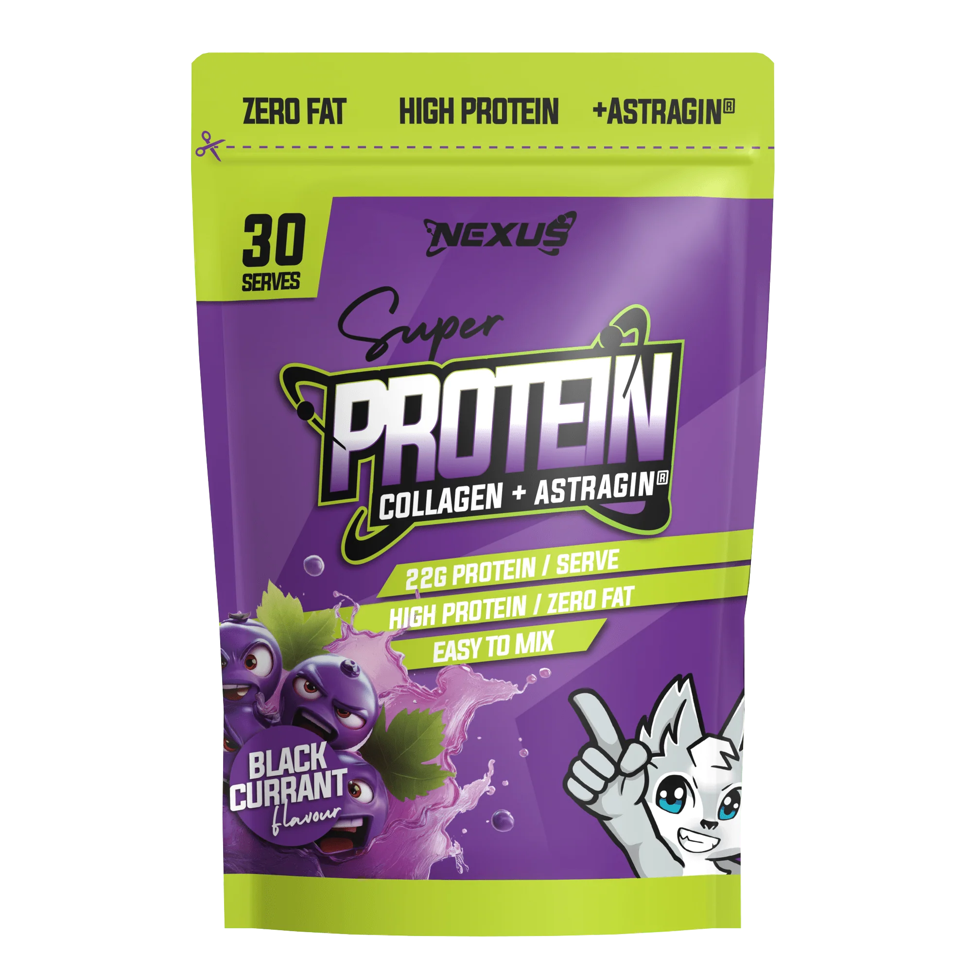 Purple protein powder package with green accents and branding on a white background