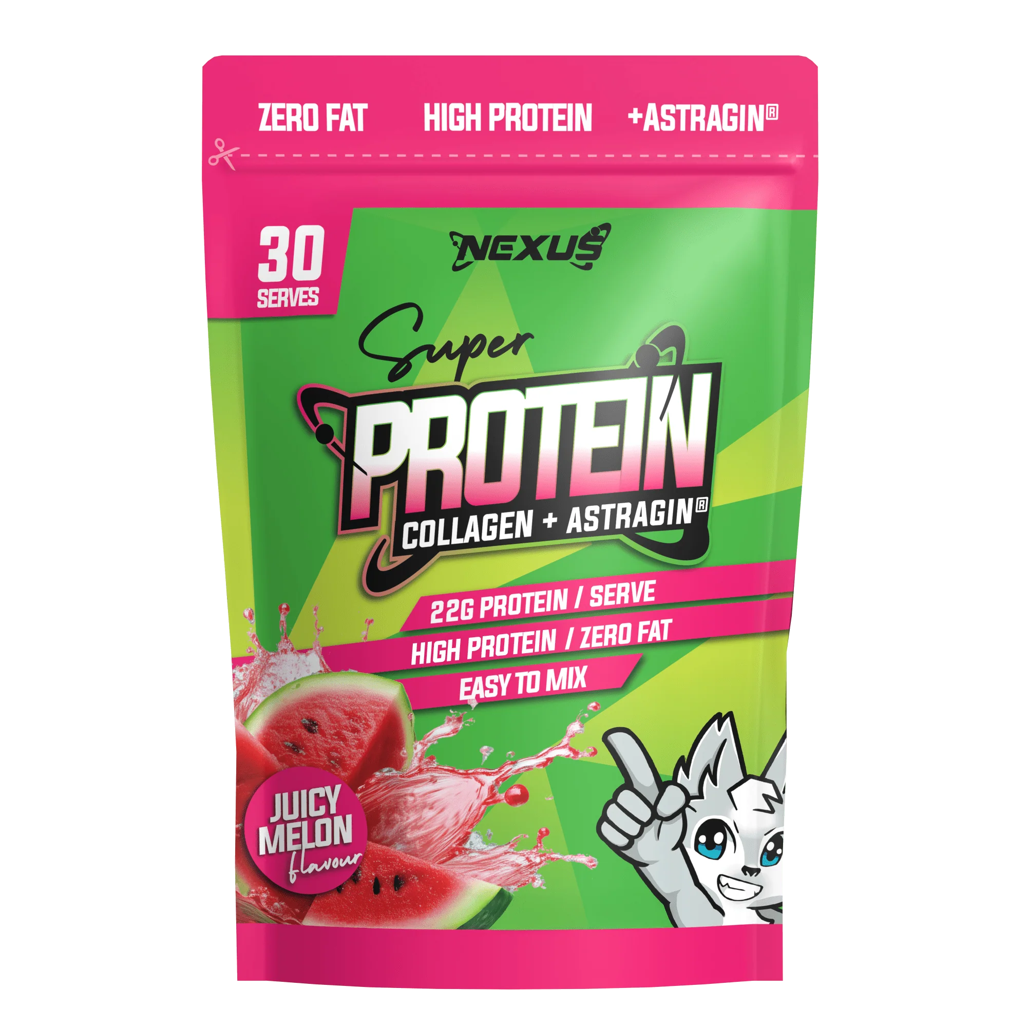 Protein powder package with green and pink design, featuring the brand 'Nexus'.