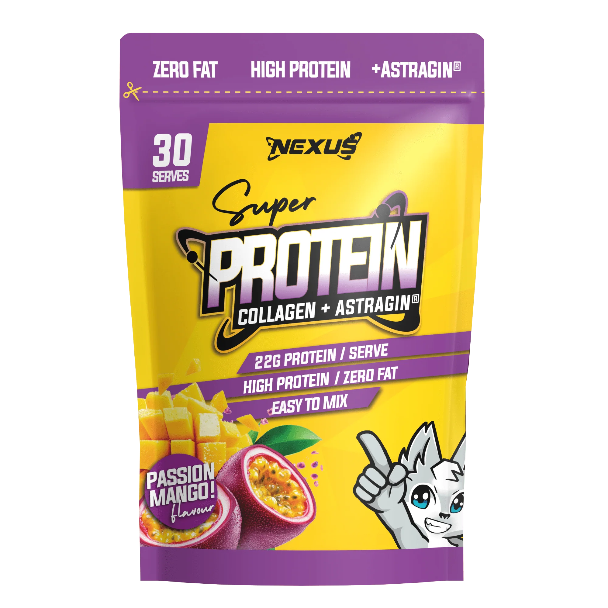 Nexus Super Protein package with passion mango flavor on a white background