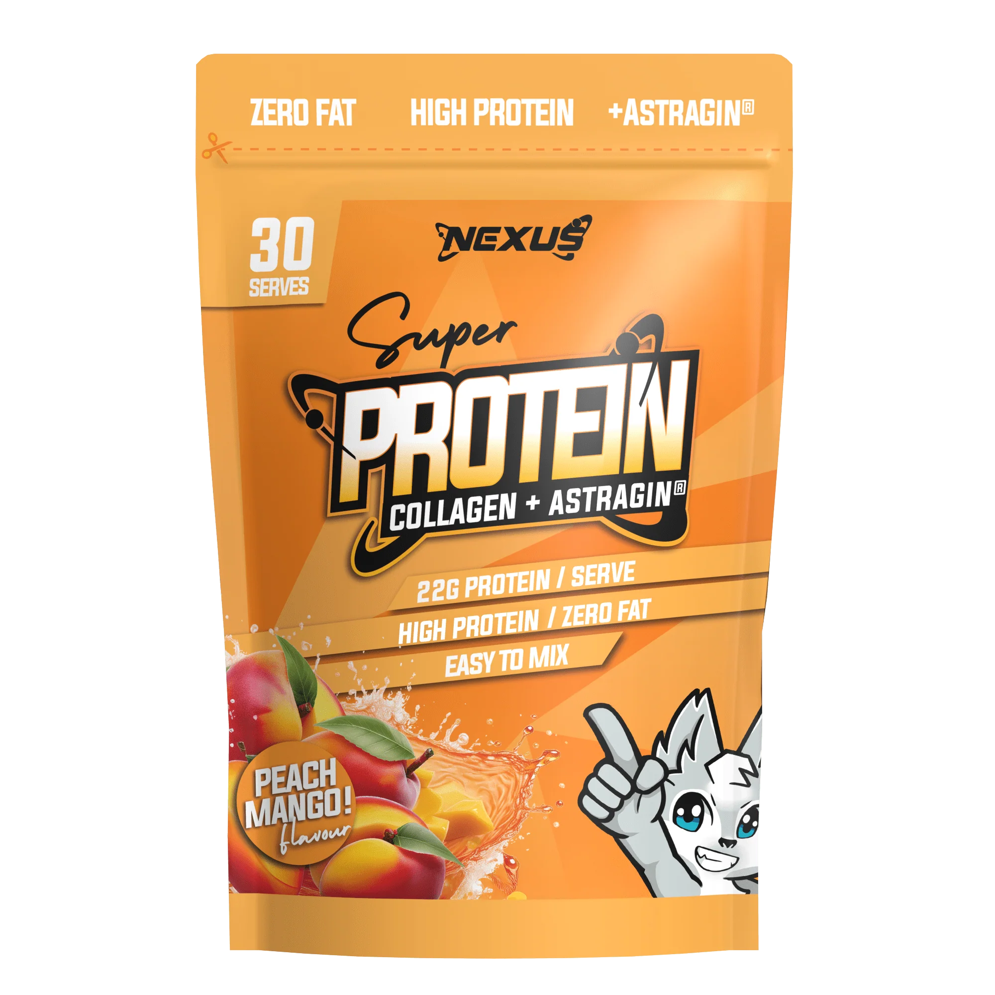 Orange protein powder package with 'Nexus' branding and peach mango flavor indication.