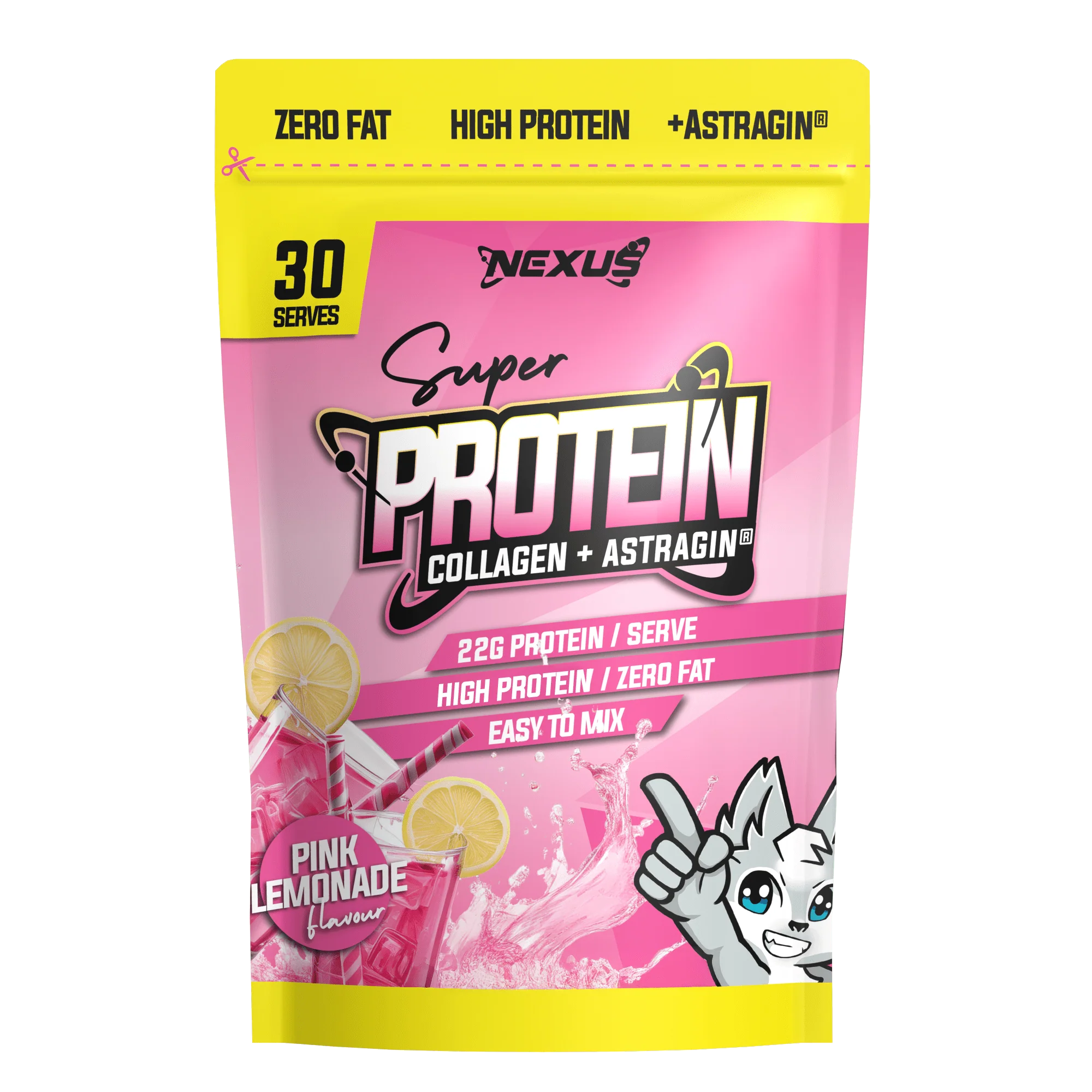 Pink lemonade protein powder package with yellow and black text on a white background