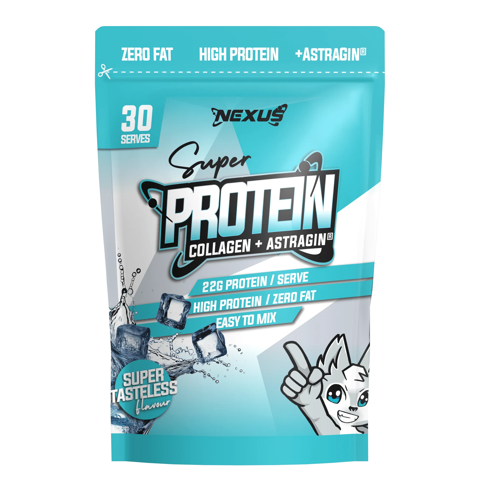 Protein powder package with 'Nexus' branding on a white background