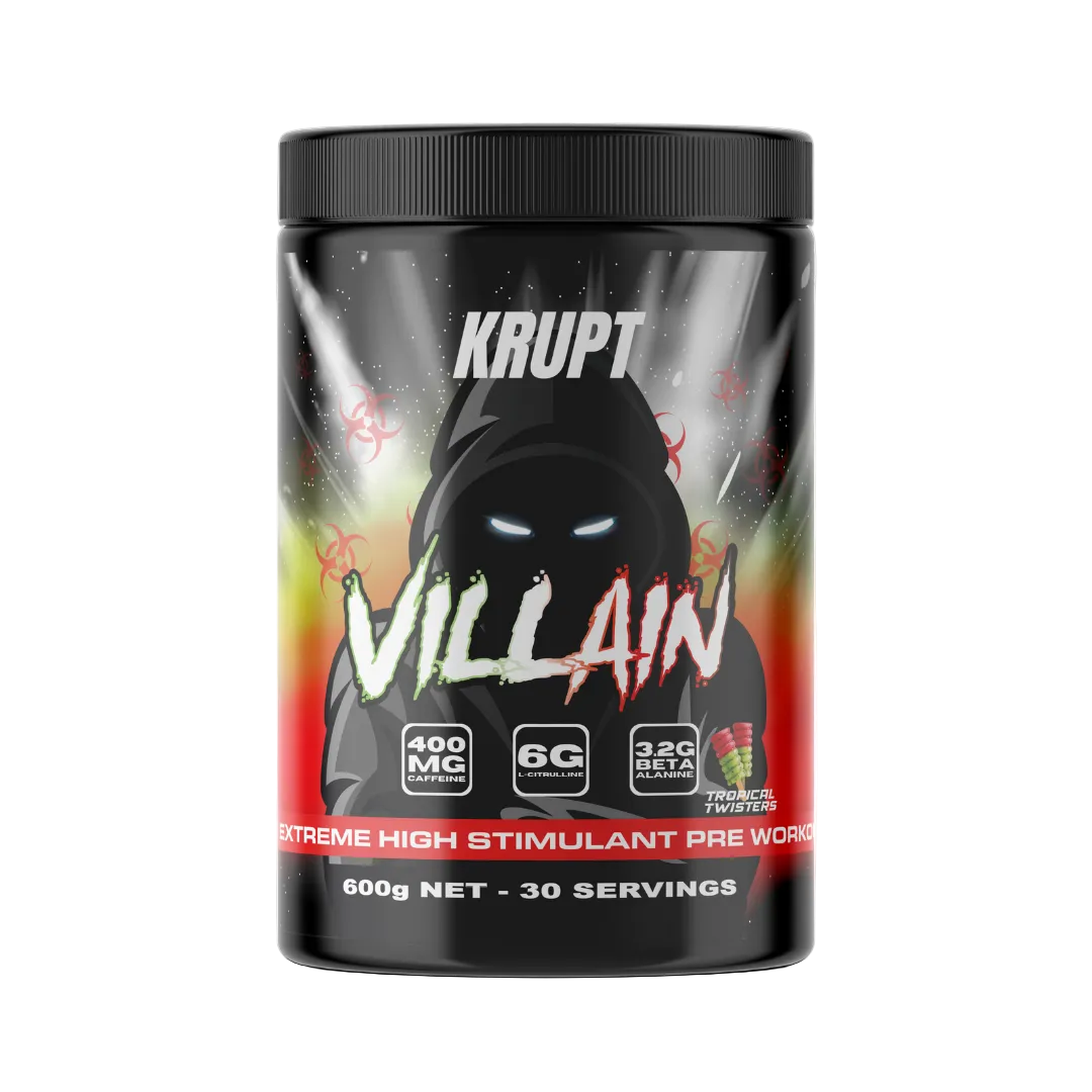 Krupt Villain pre-workout supplement container on a white background