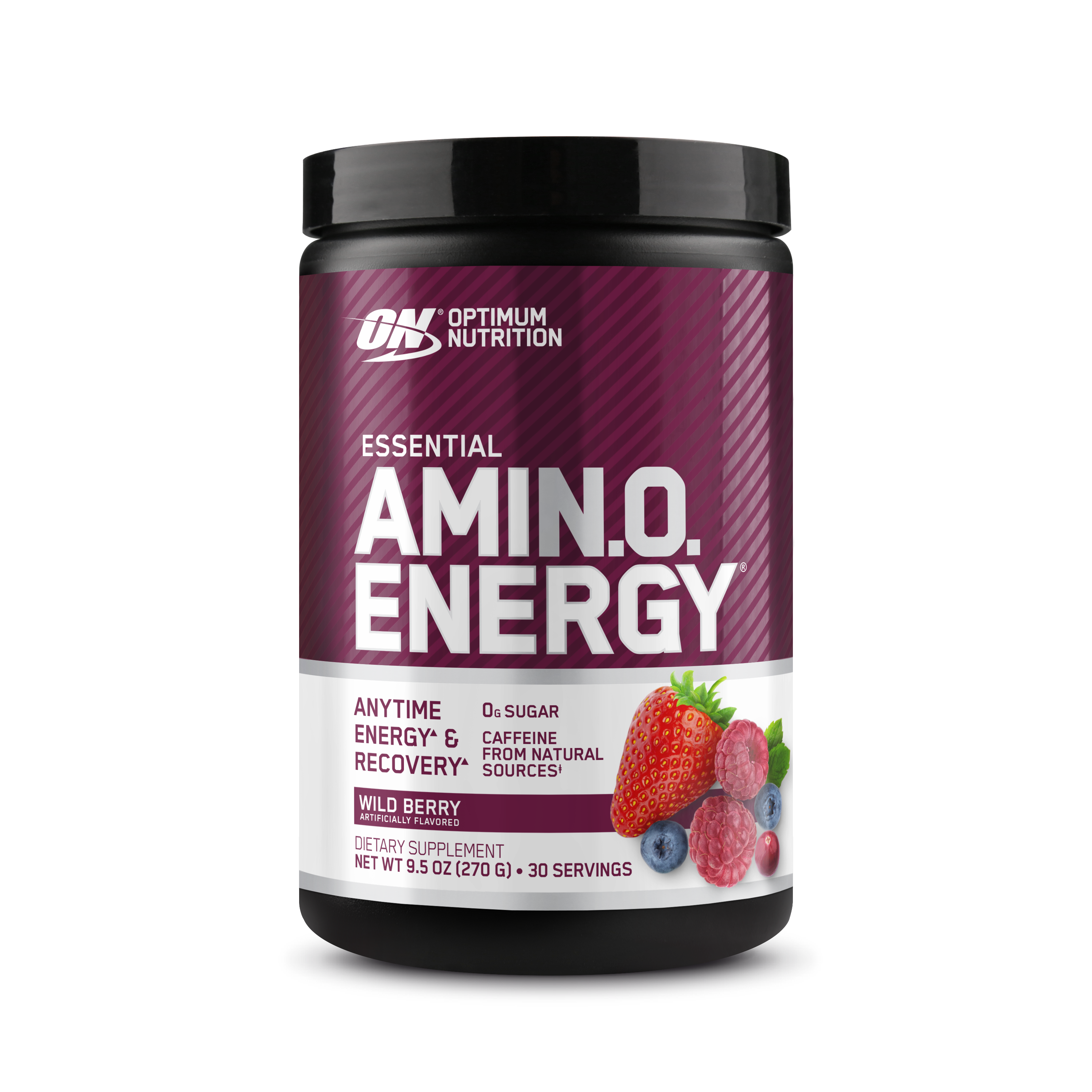 Optimum Nutrition Amin.O. Energy supplement container with wild berry flavor on a white background