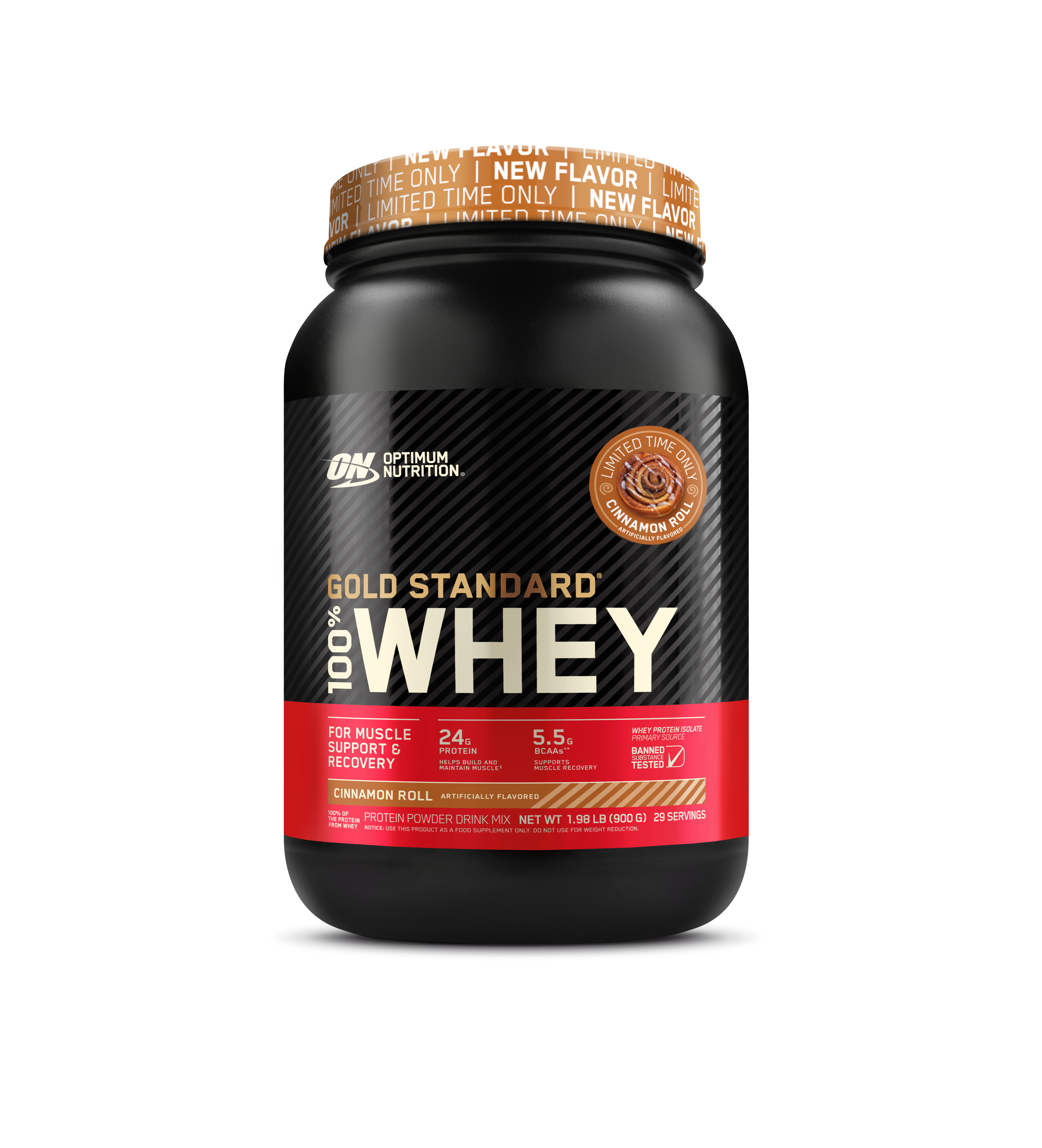 Optimum Nutrition Gold Standard 100% Whey protein powder container on a white background