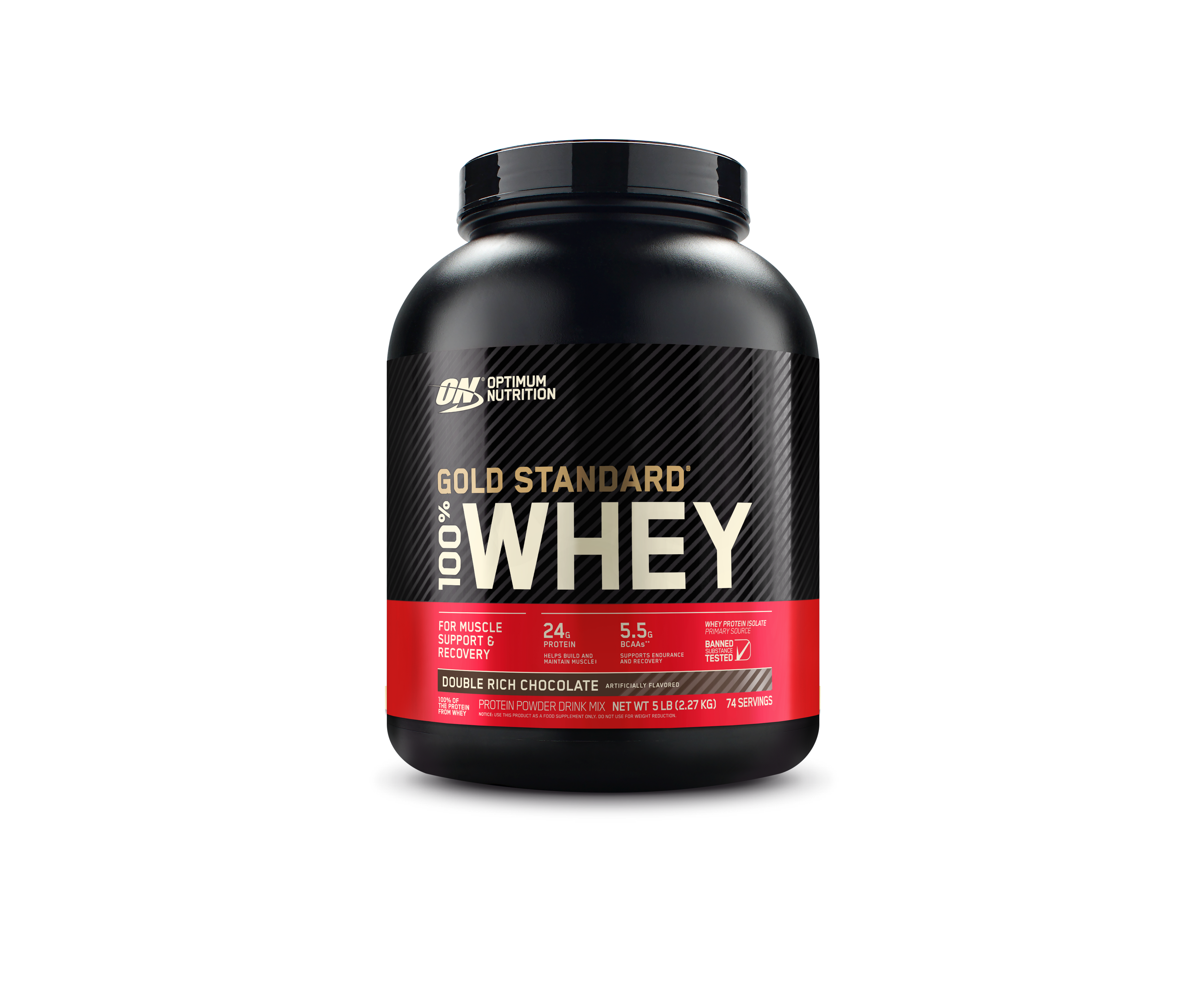 Black container of Optimum Nutrition Gold Standard 100% Whey protein powder on a white background
