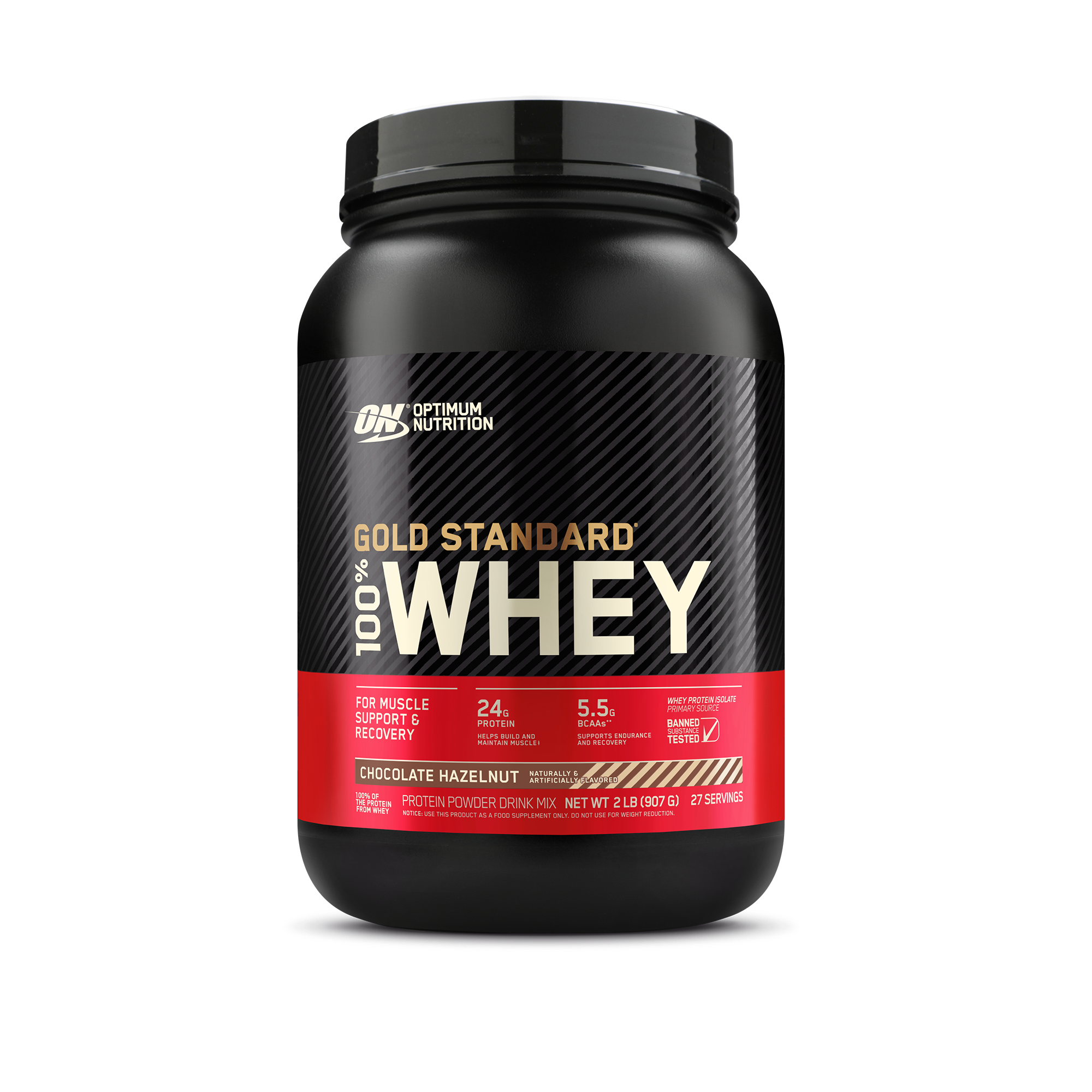 Optimum Nutrition Gold Standard 100% Whey protein powder container on a white background