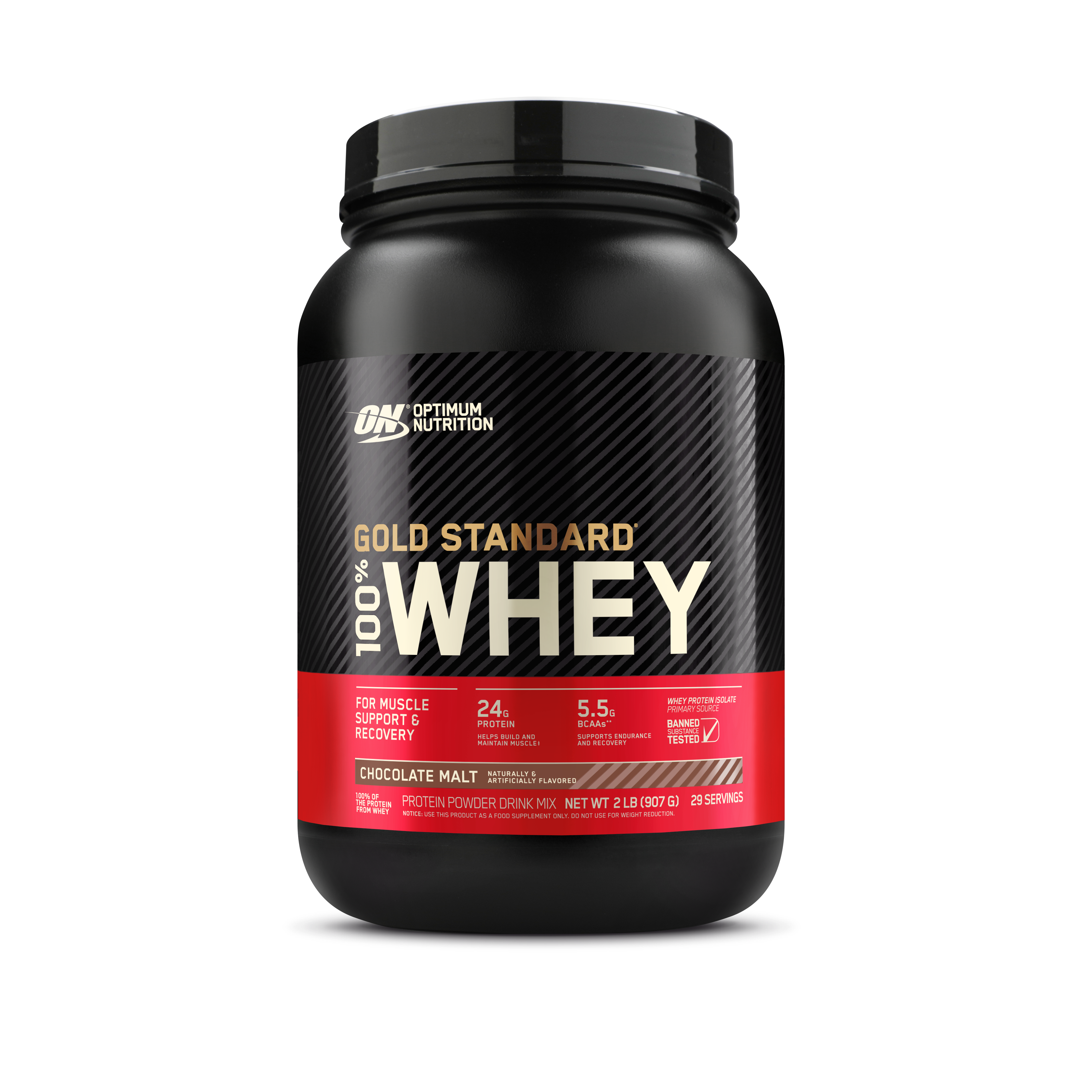 Optimum Nutrition Gold Standard 100% Whey protein powder container on a white background