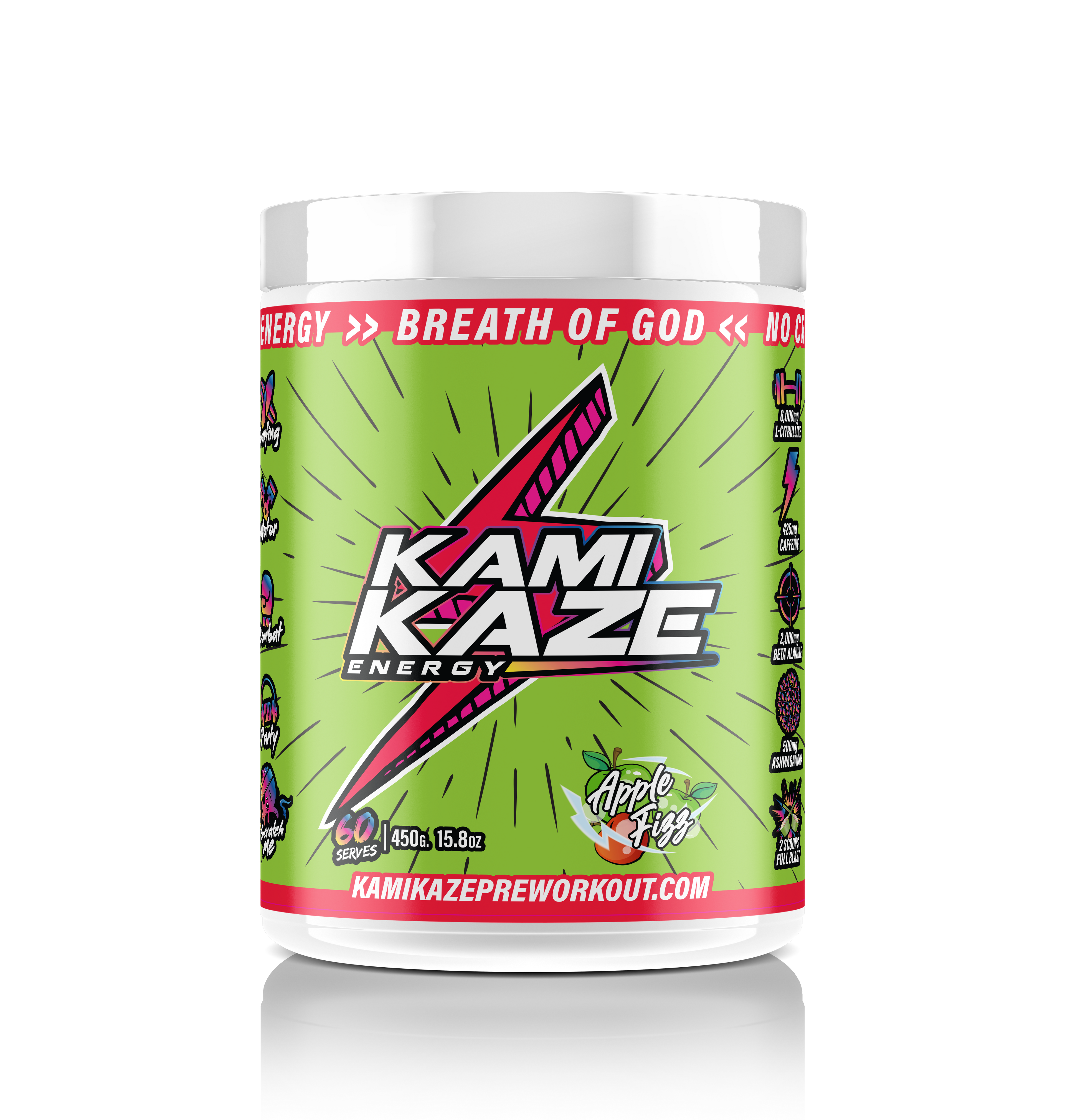 Kami Kaze Energy drink container with green and white design on a white background
