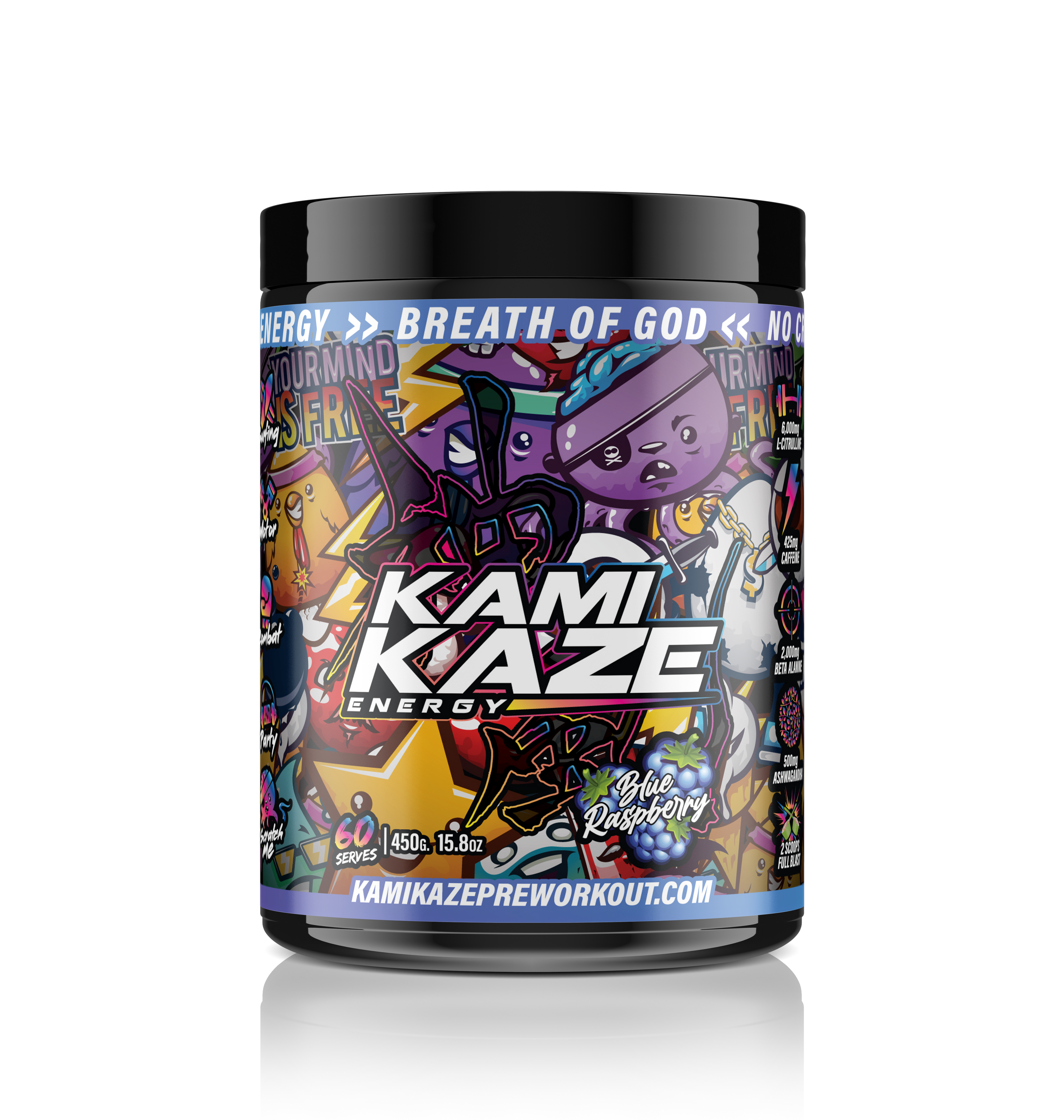 Kami Kaze Energy supplement container with colorful label on a white background