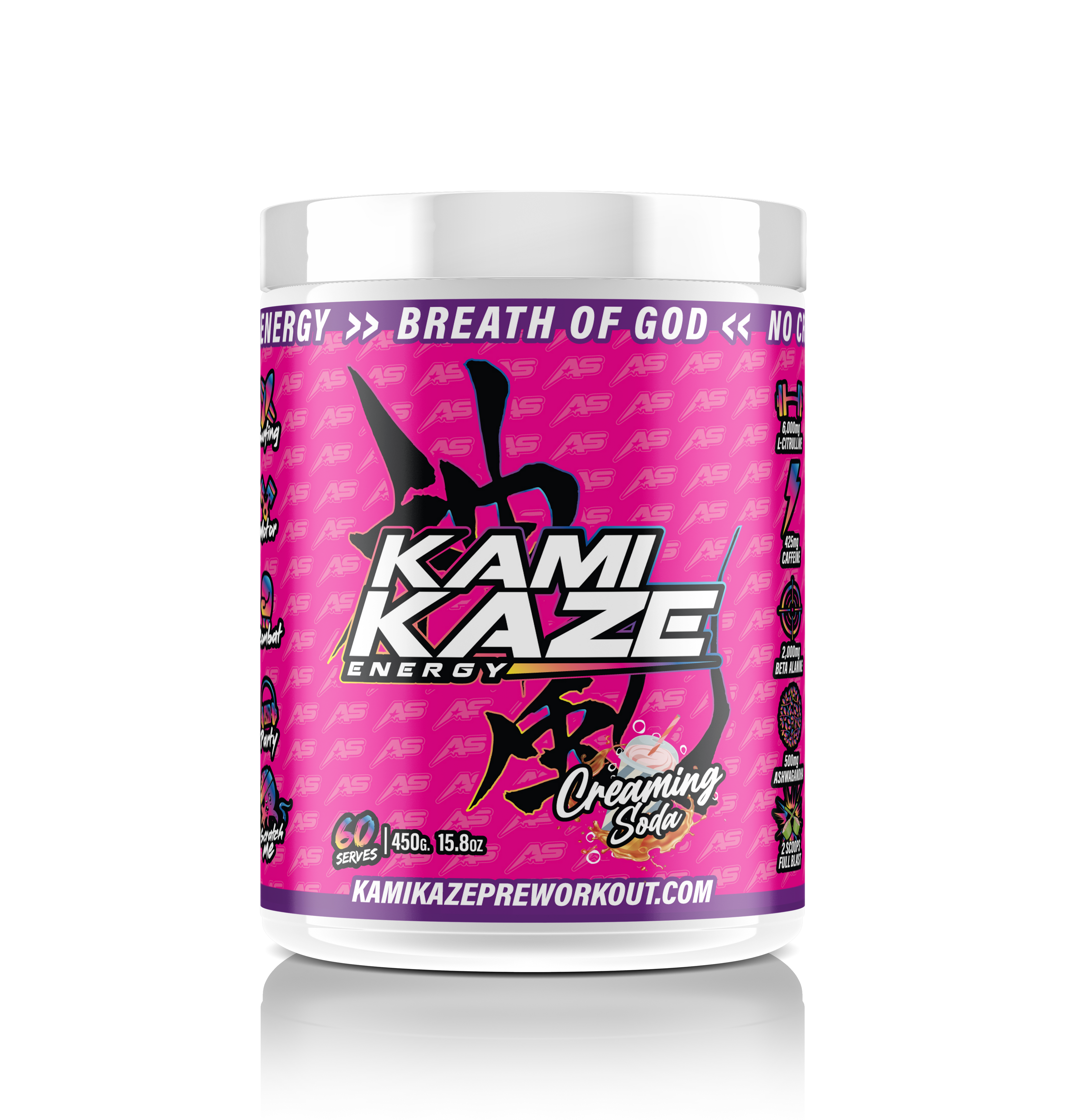 Kami Kaze Energy supplement container with pink label on a white background