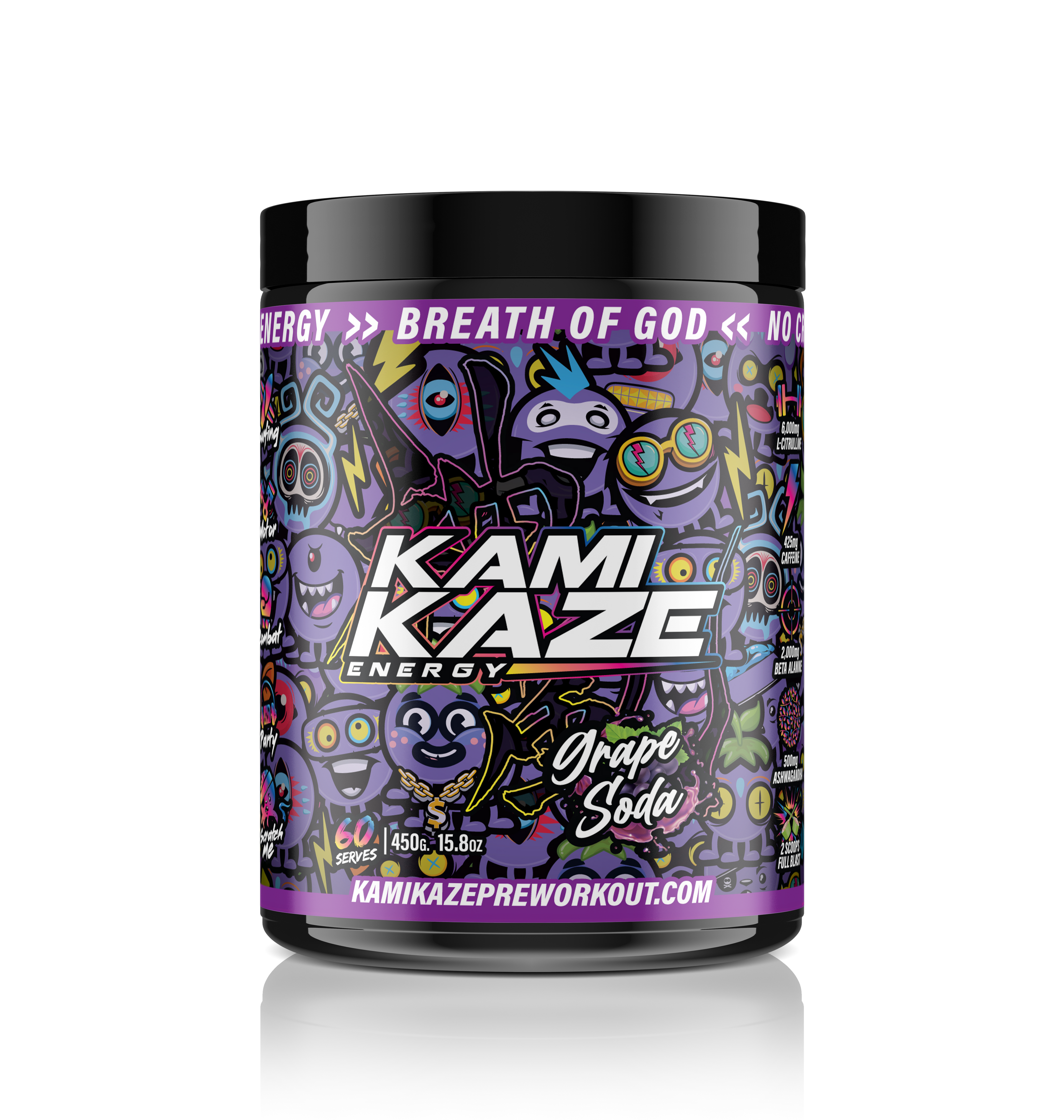 Kami Kaze energy drink container with colorful design on a white background