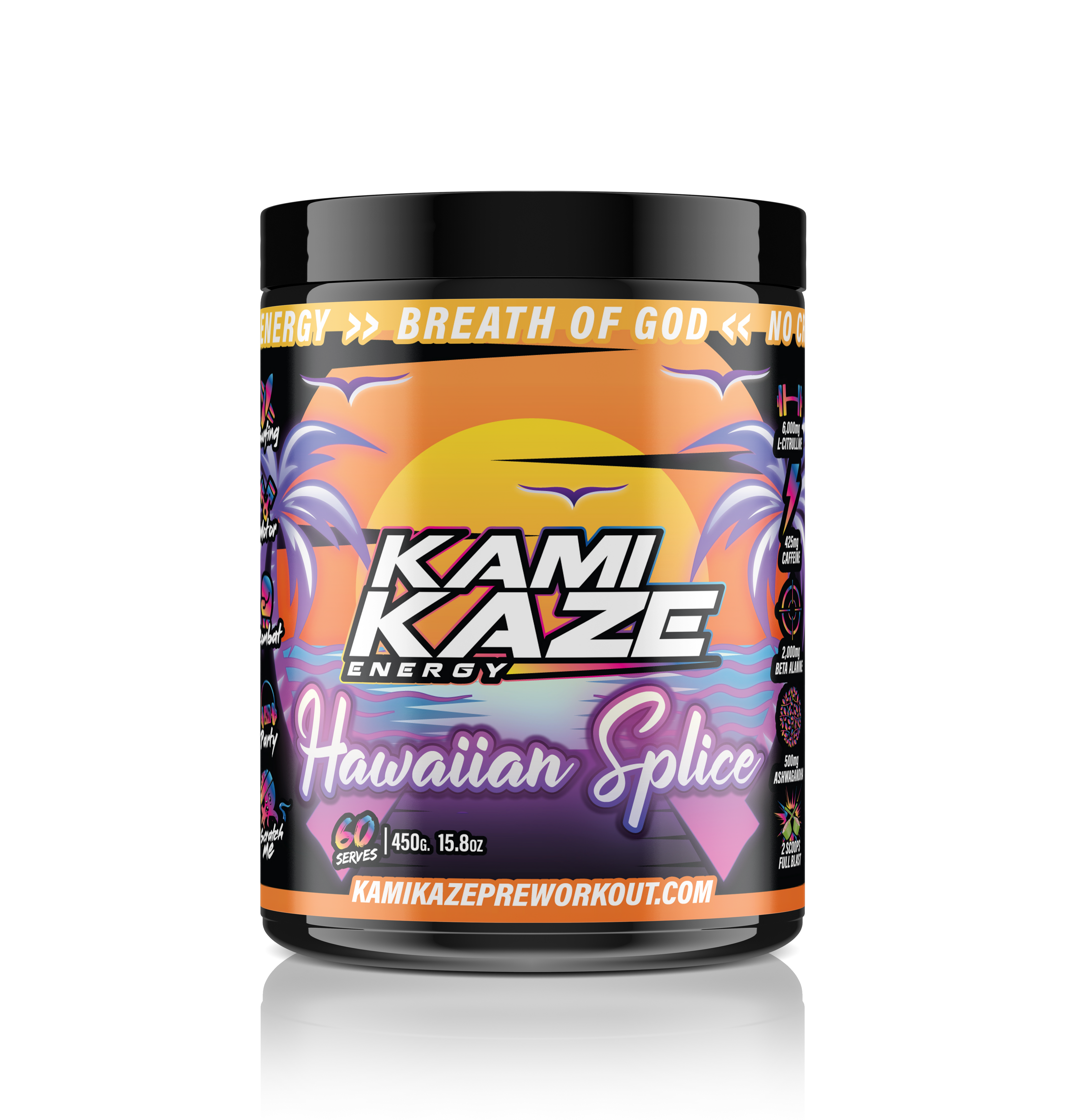 Kamikaze Energy Hawaiian Splice supplement container on a white background