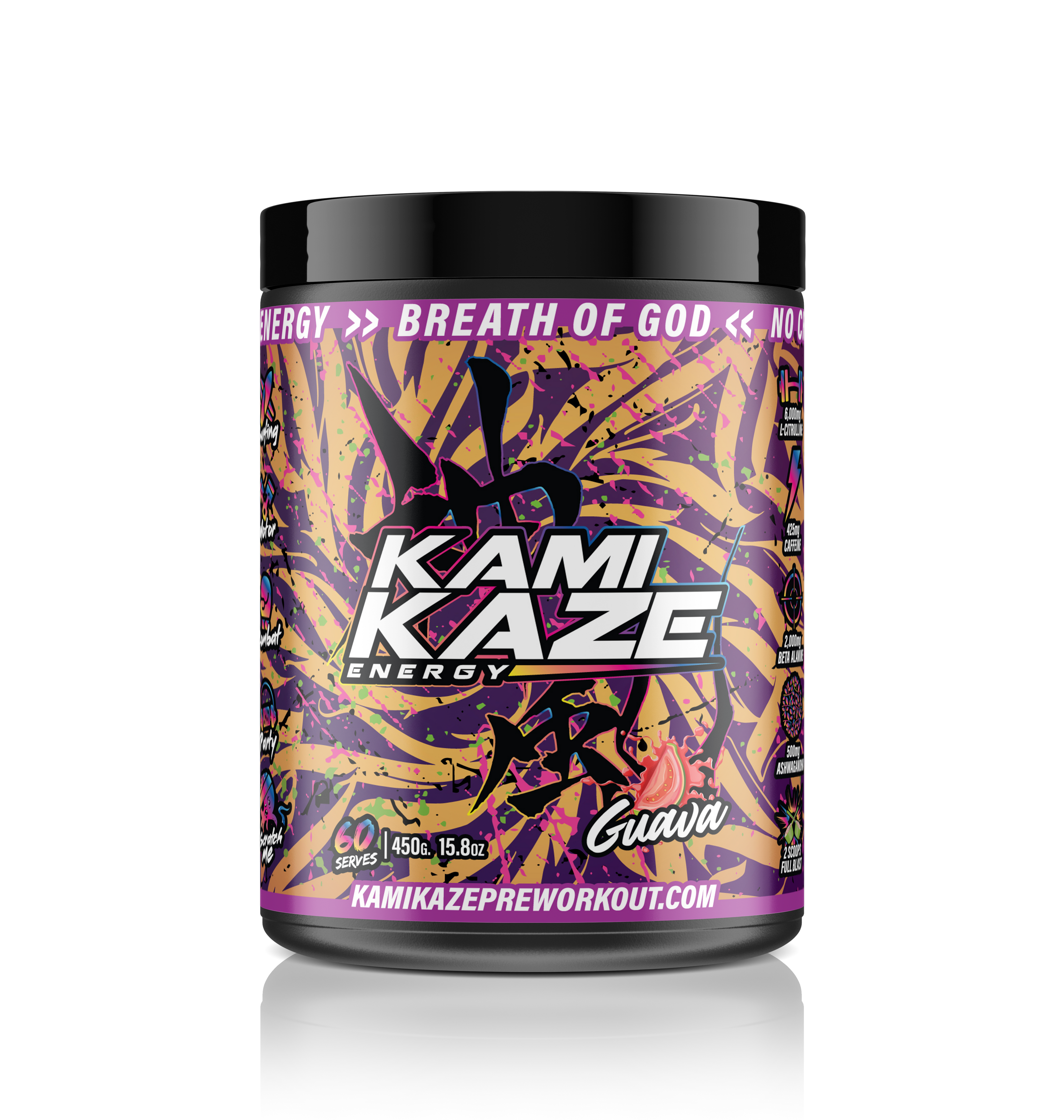 Kami Kaze energy supplement container with colorful label on a white background