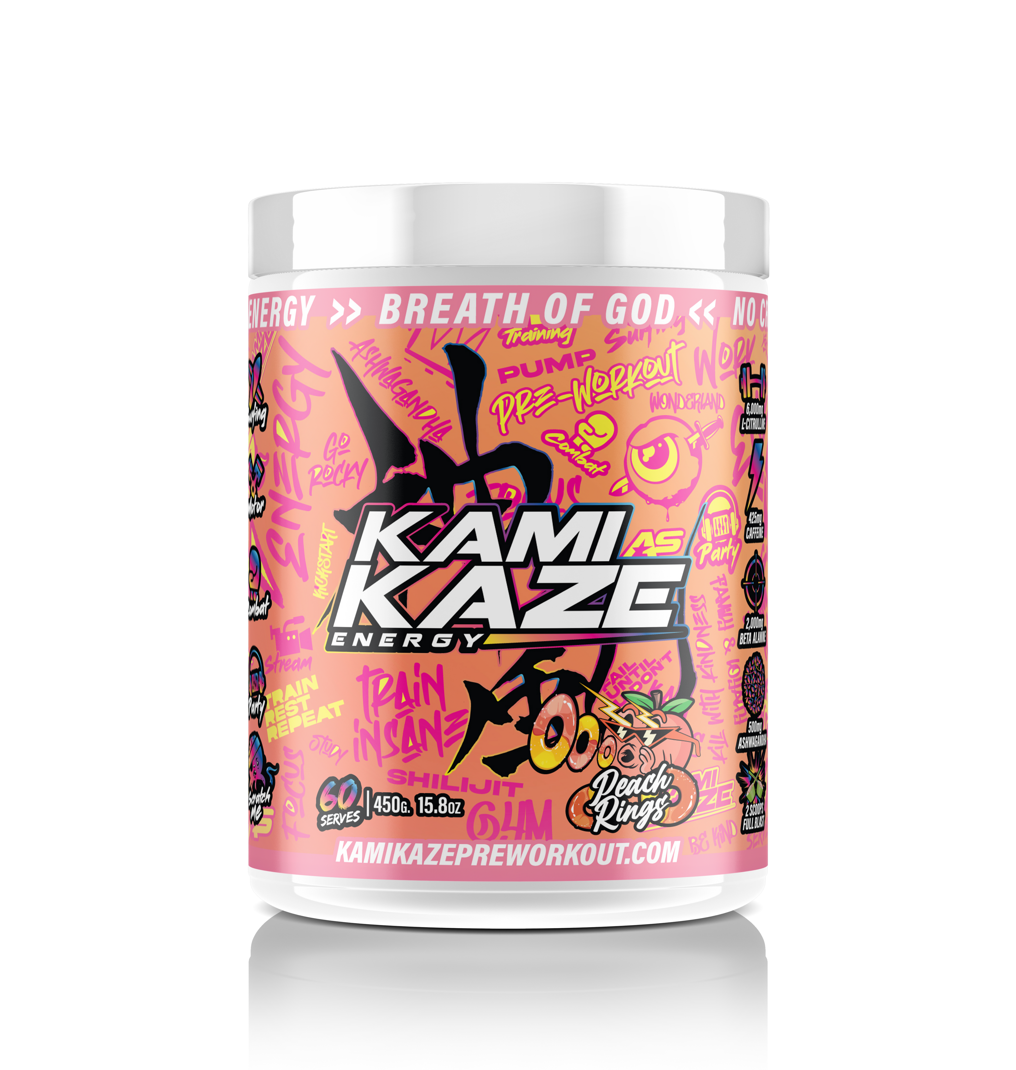 Kamikaze Energy pre-workout supplement container with colorful label on a white background