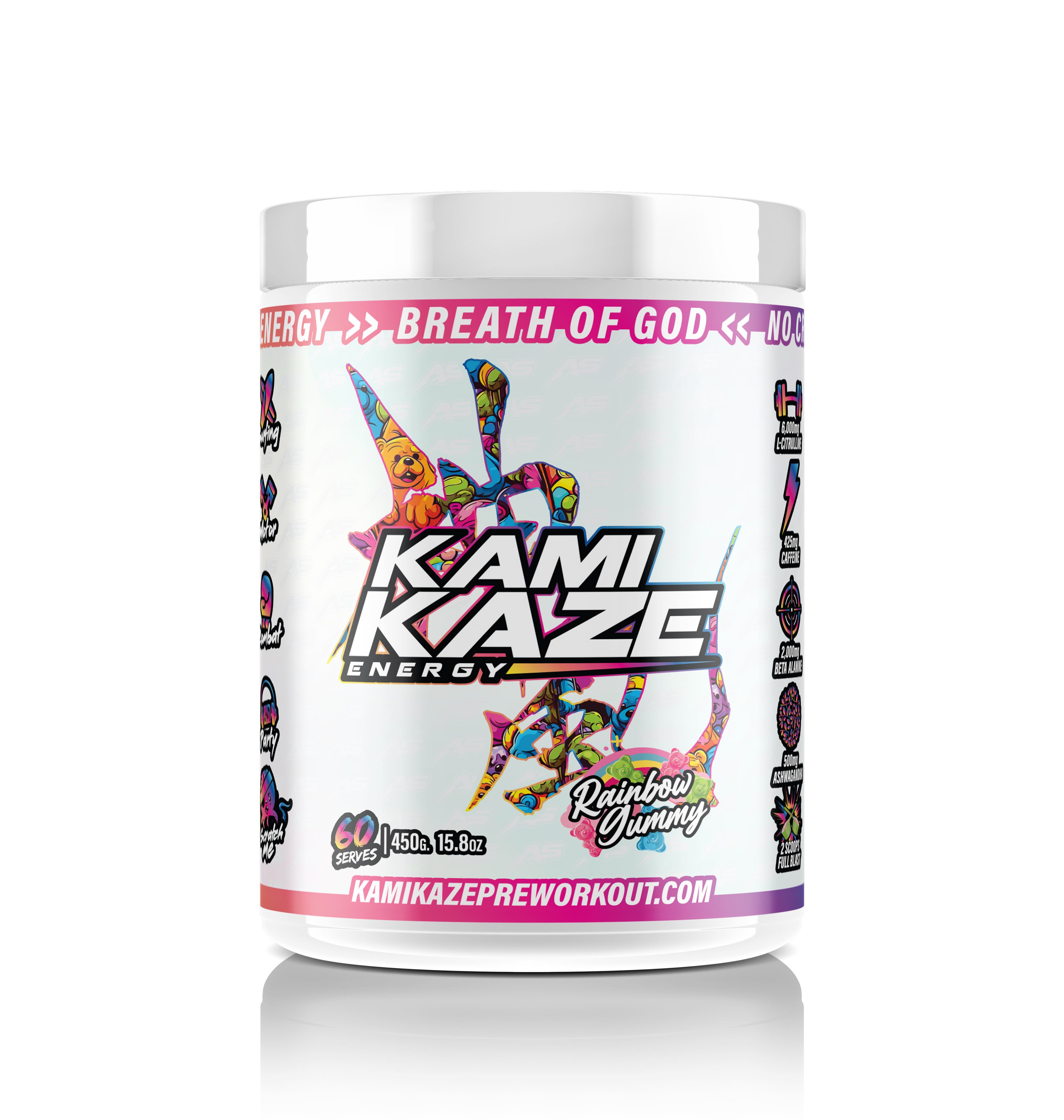 Kami Kaze energy supplement container with colorful design on a white background