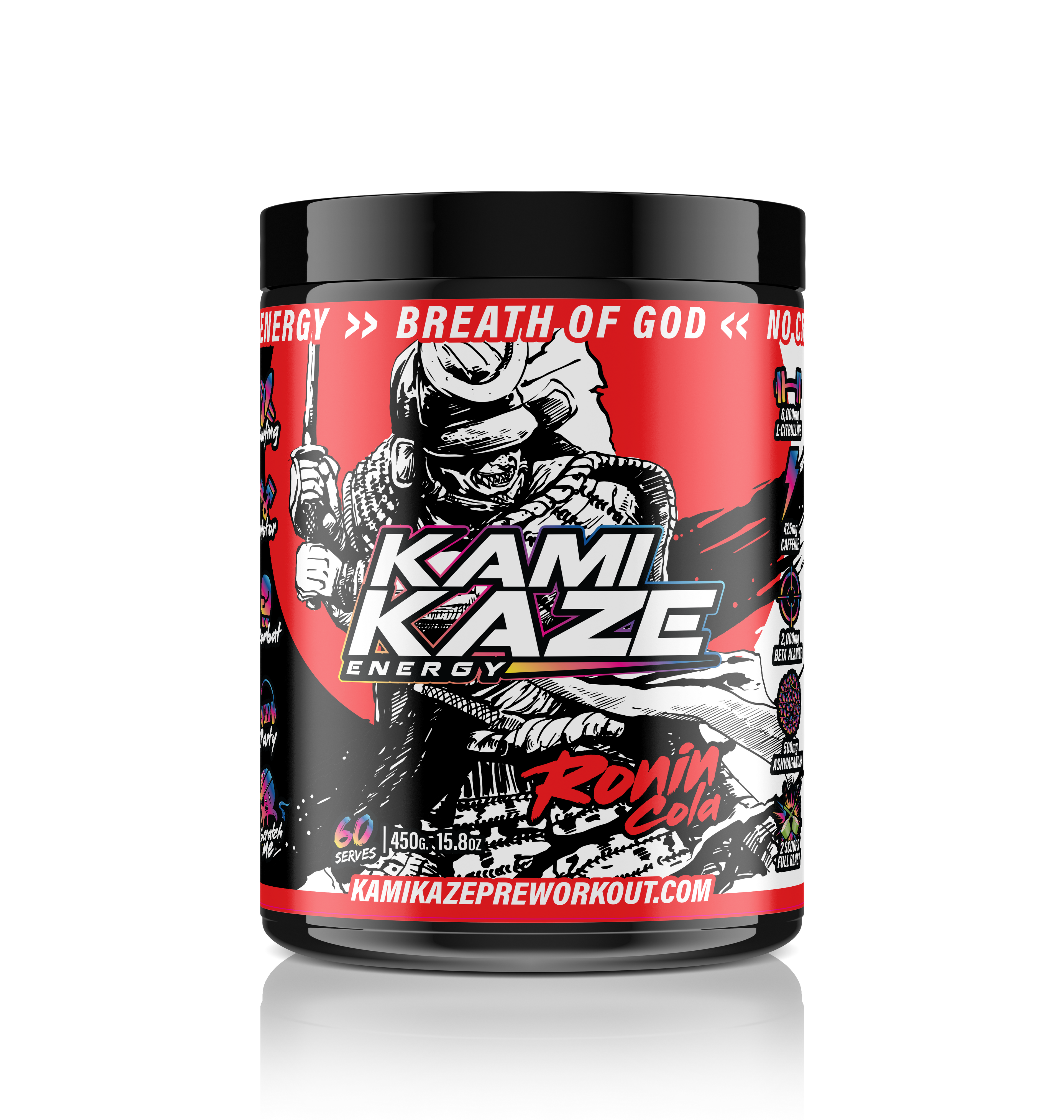 Kamikaze Energy supplement container with red and black label on a white background