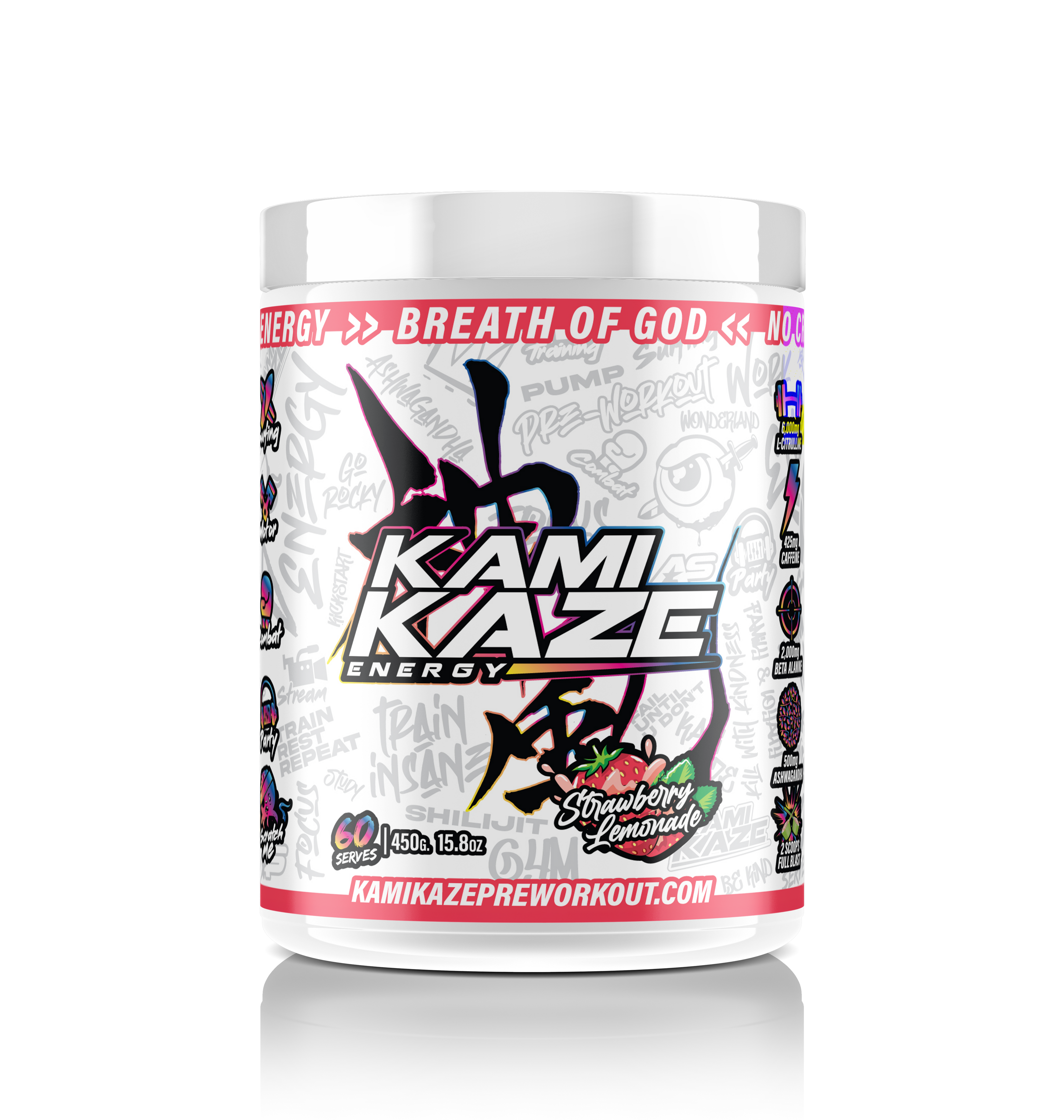 Kamikaze Energy supplement container with colorful label on a white background