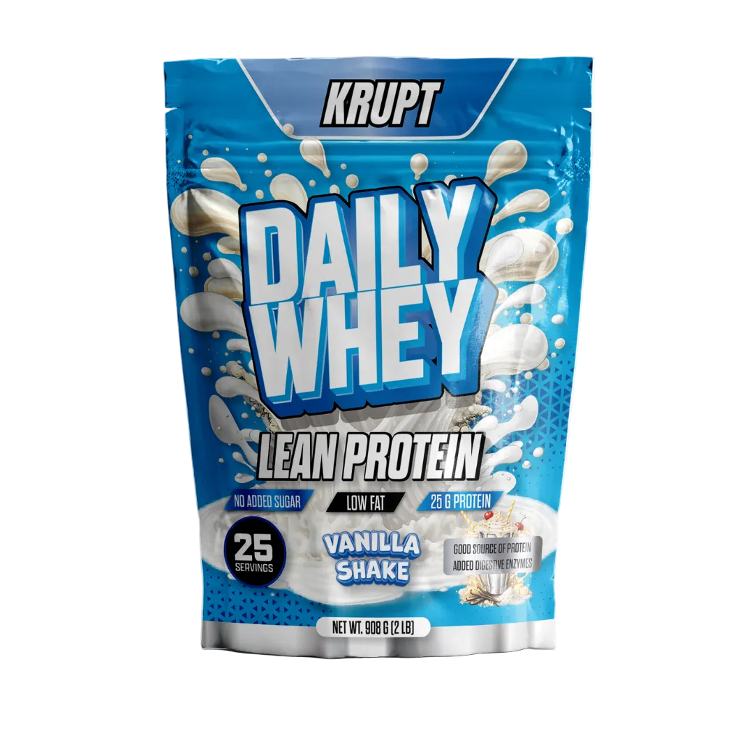 Krupt Daily Whey Lean Protein package with vanilla shake flavor on a white background